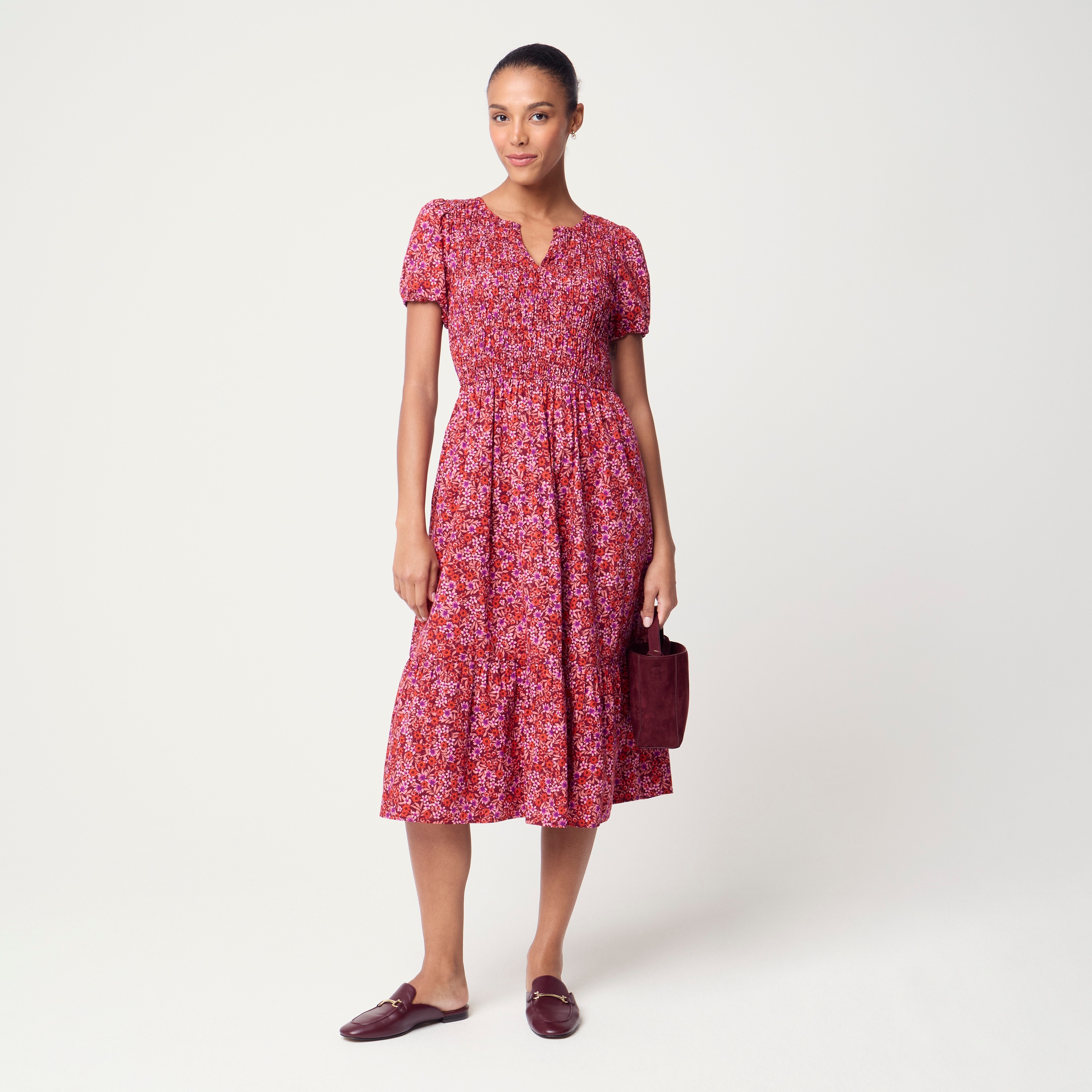 Smocked puff-sleeve midi dress