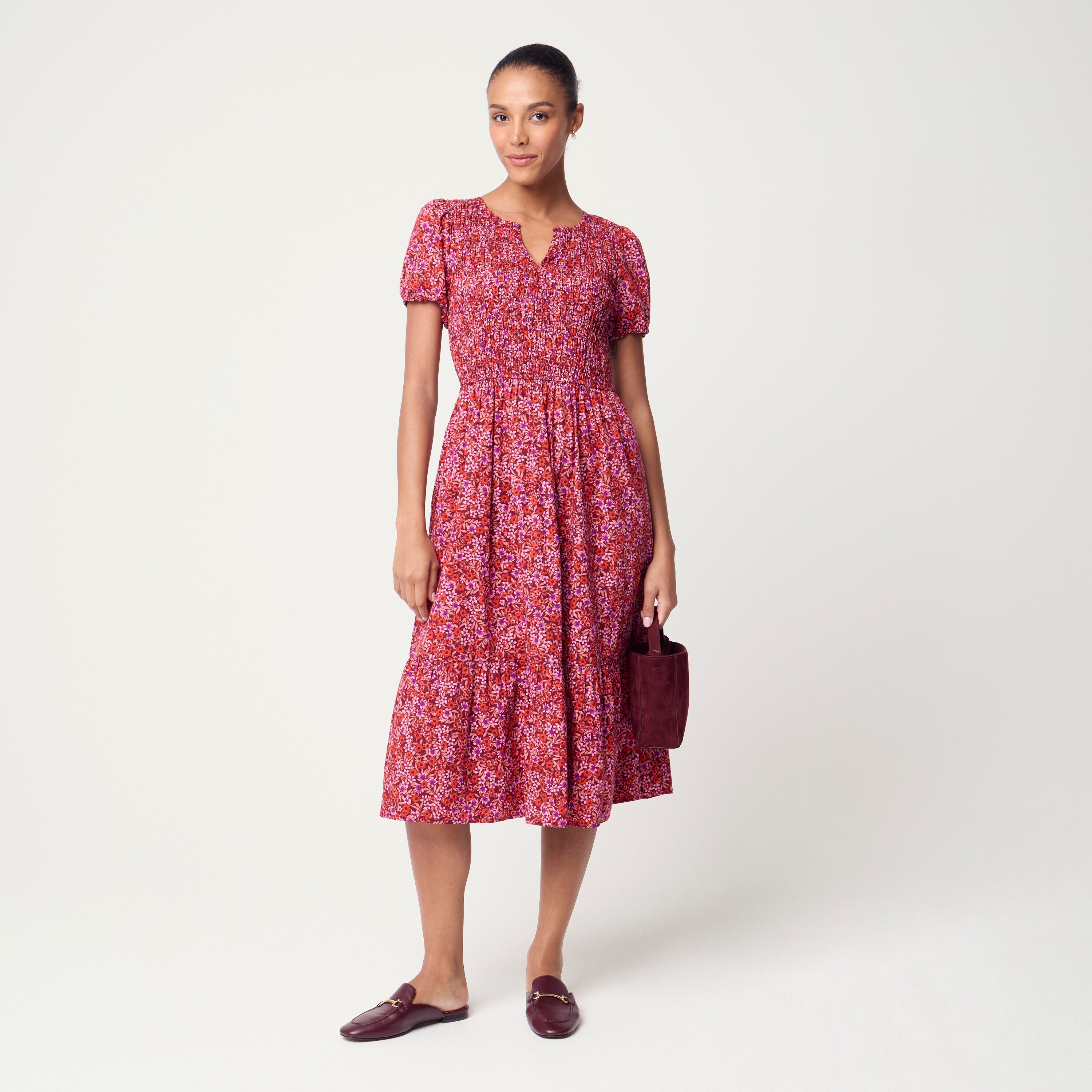 Smocked Puff-sleeve Midi Dress For Women
