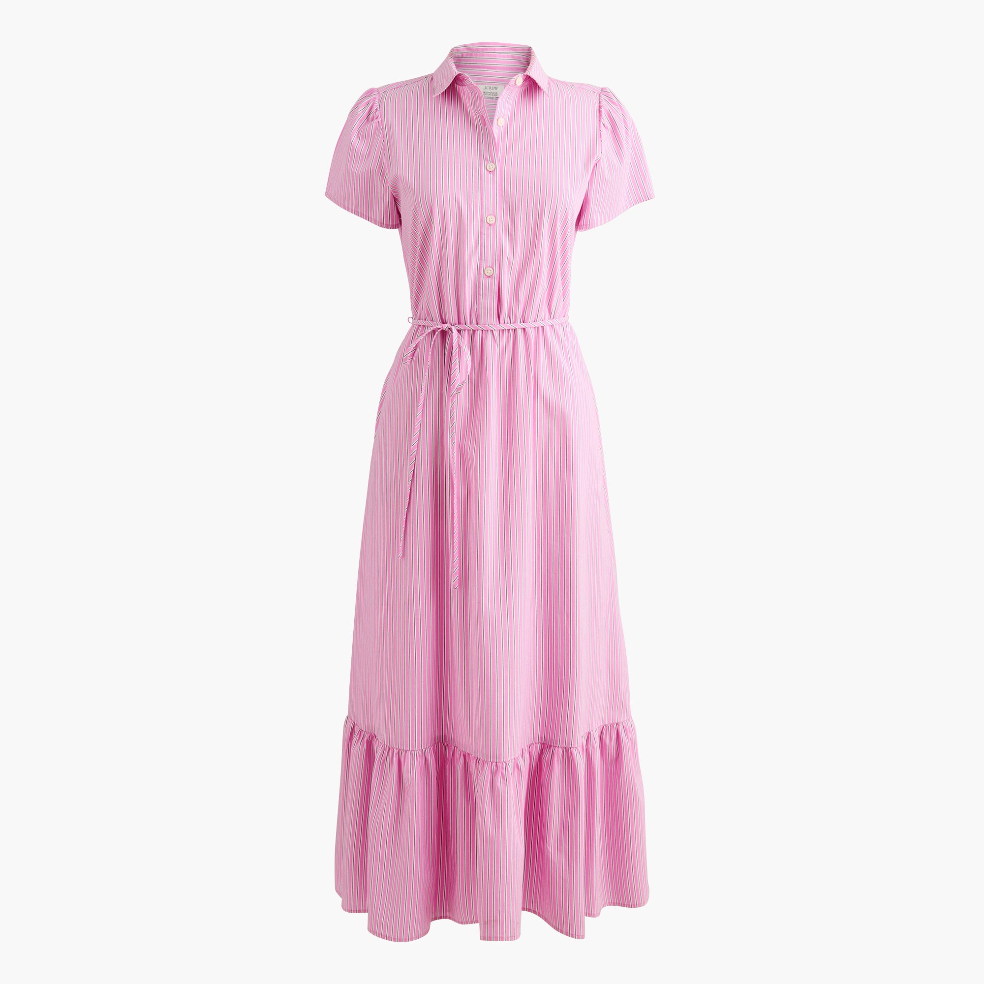 midi shirt dresses Orange Stand Collar Sash Short Sleeves Layered Dress With a lightly textured seersucker finish Midi Shirt-dress For Women |