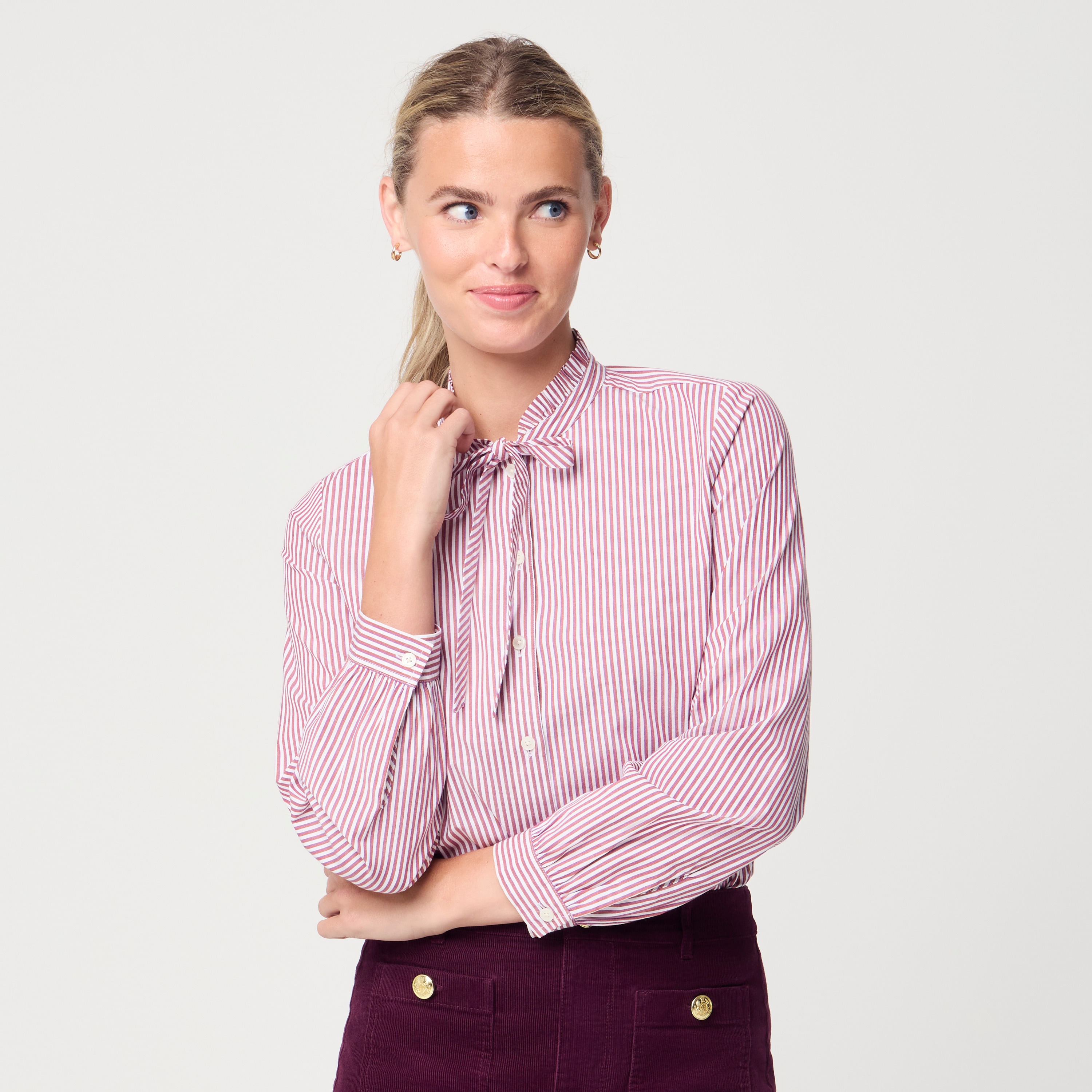 Striped tie-neck button-up shirt