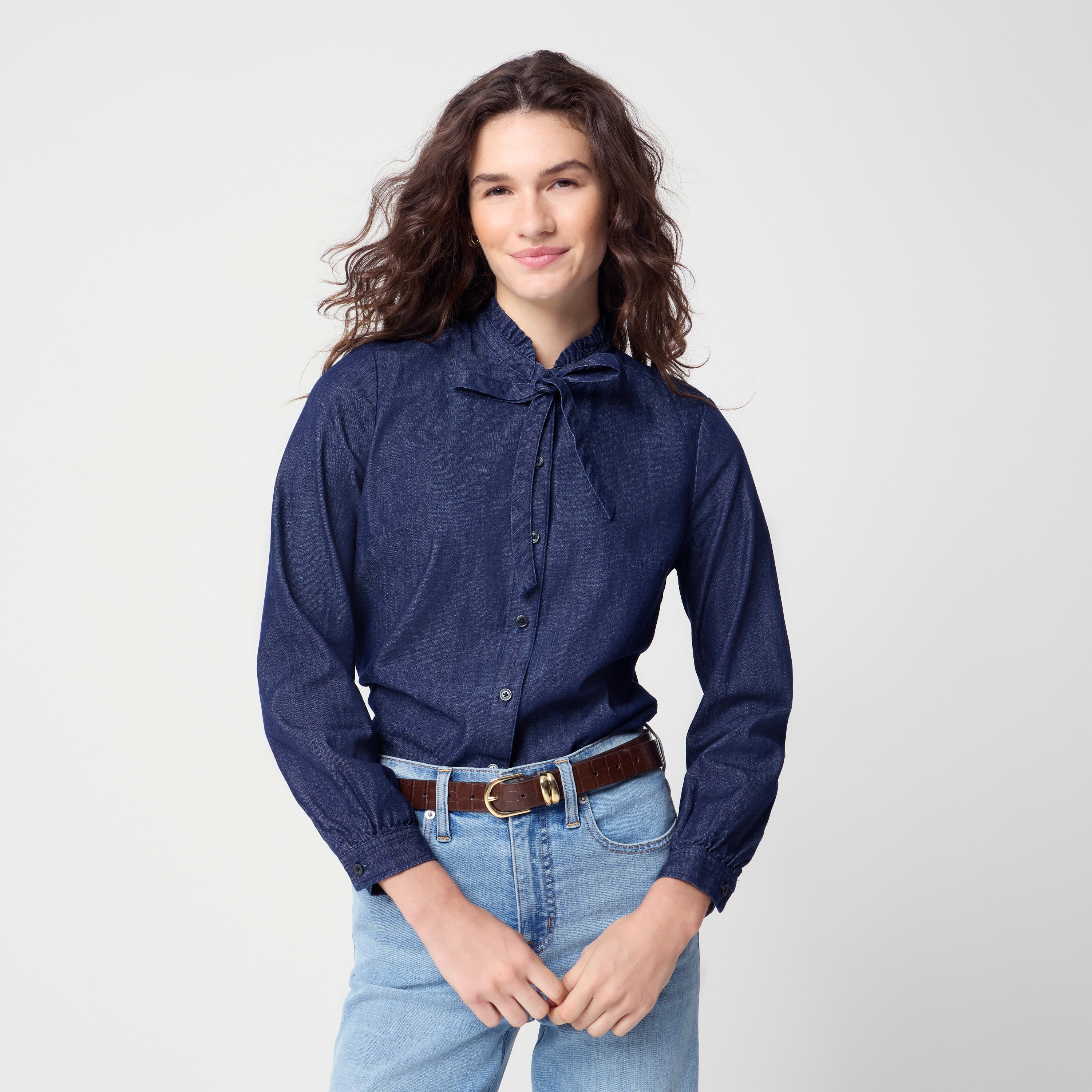 100% cotton chambray tie-neck button-up shirt