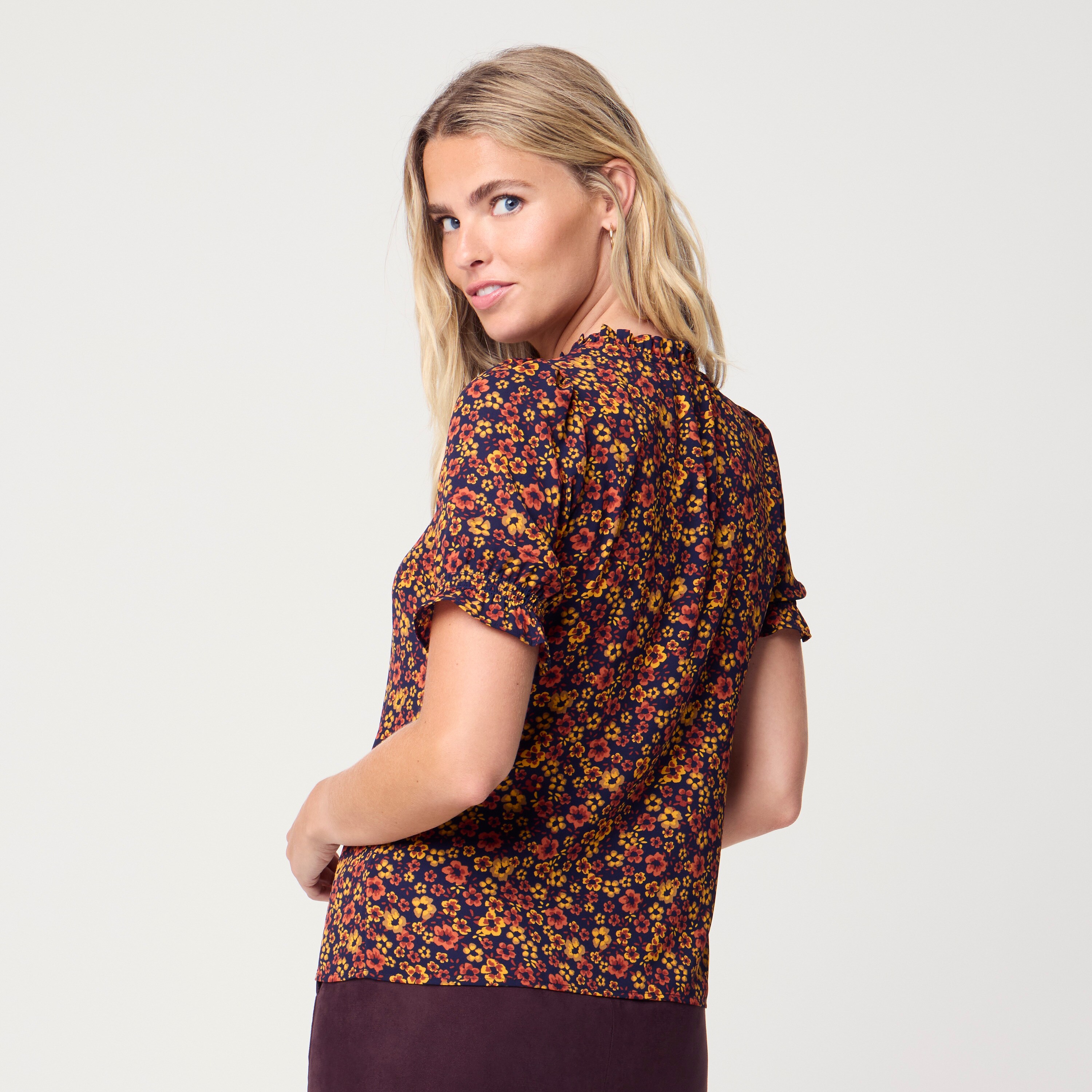 Printed ruffleneck top