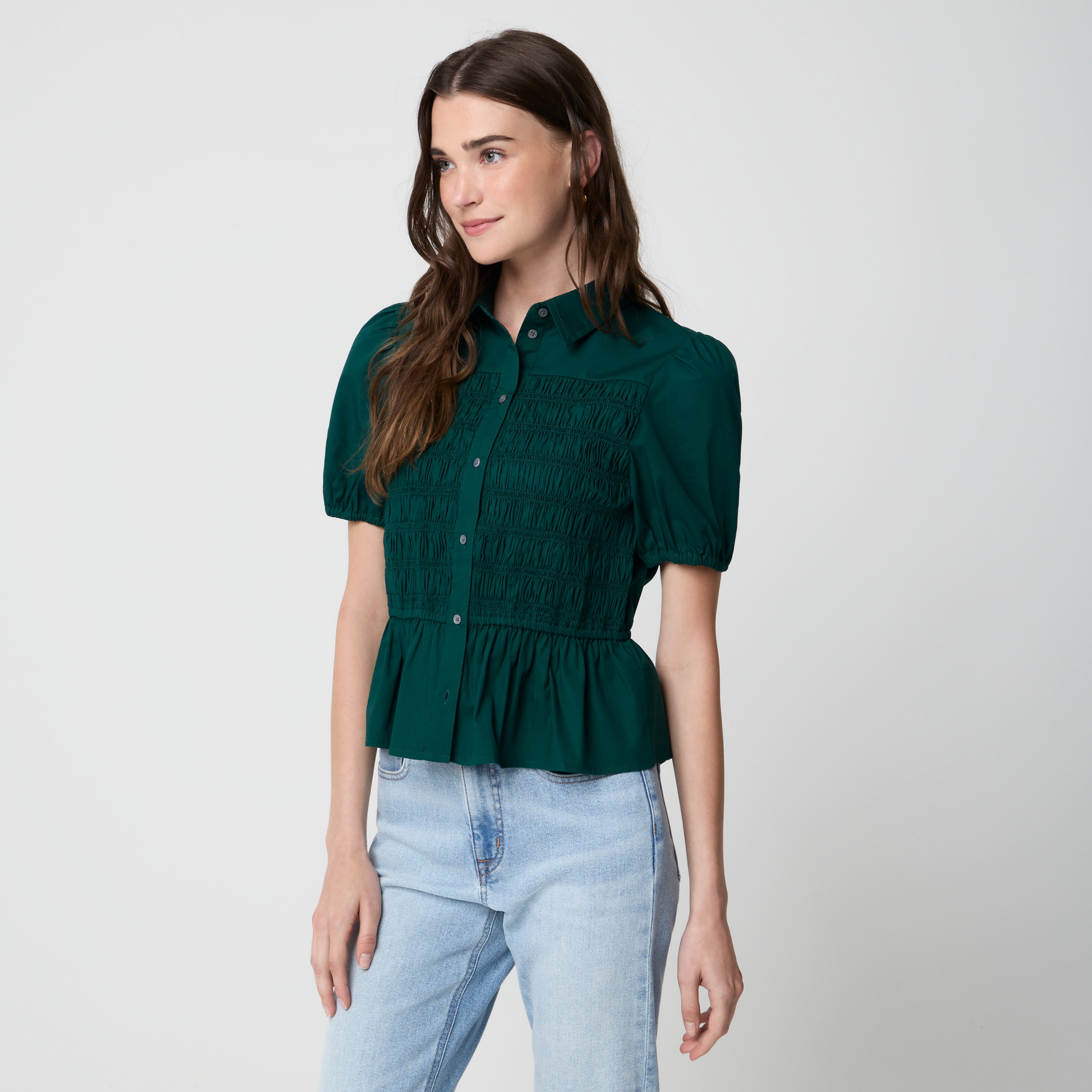 Smocked button-front top