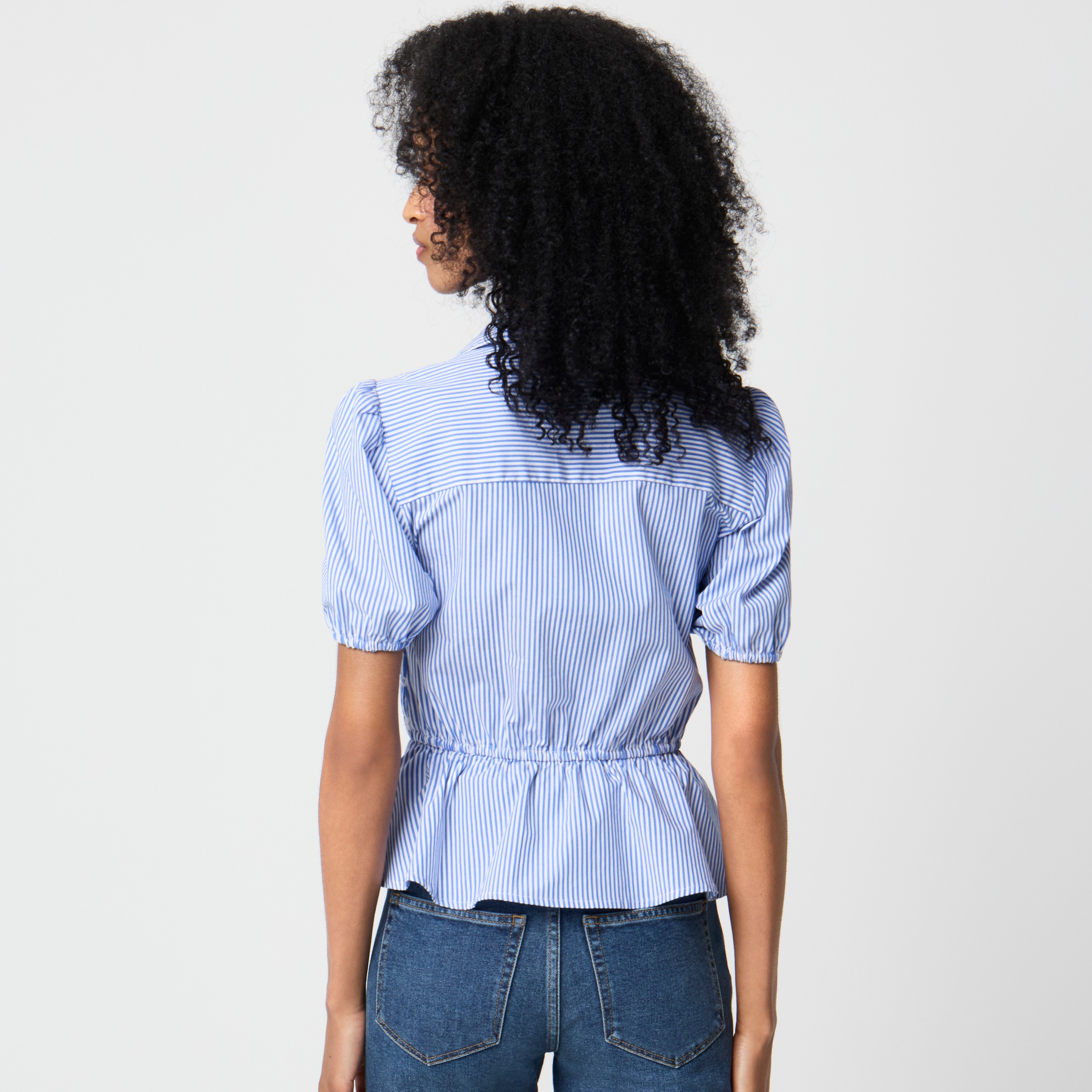 Striped smocked button-front top