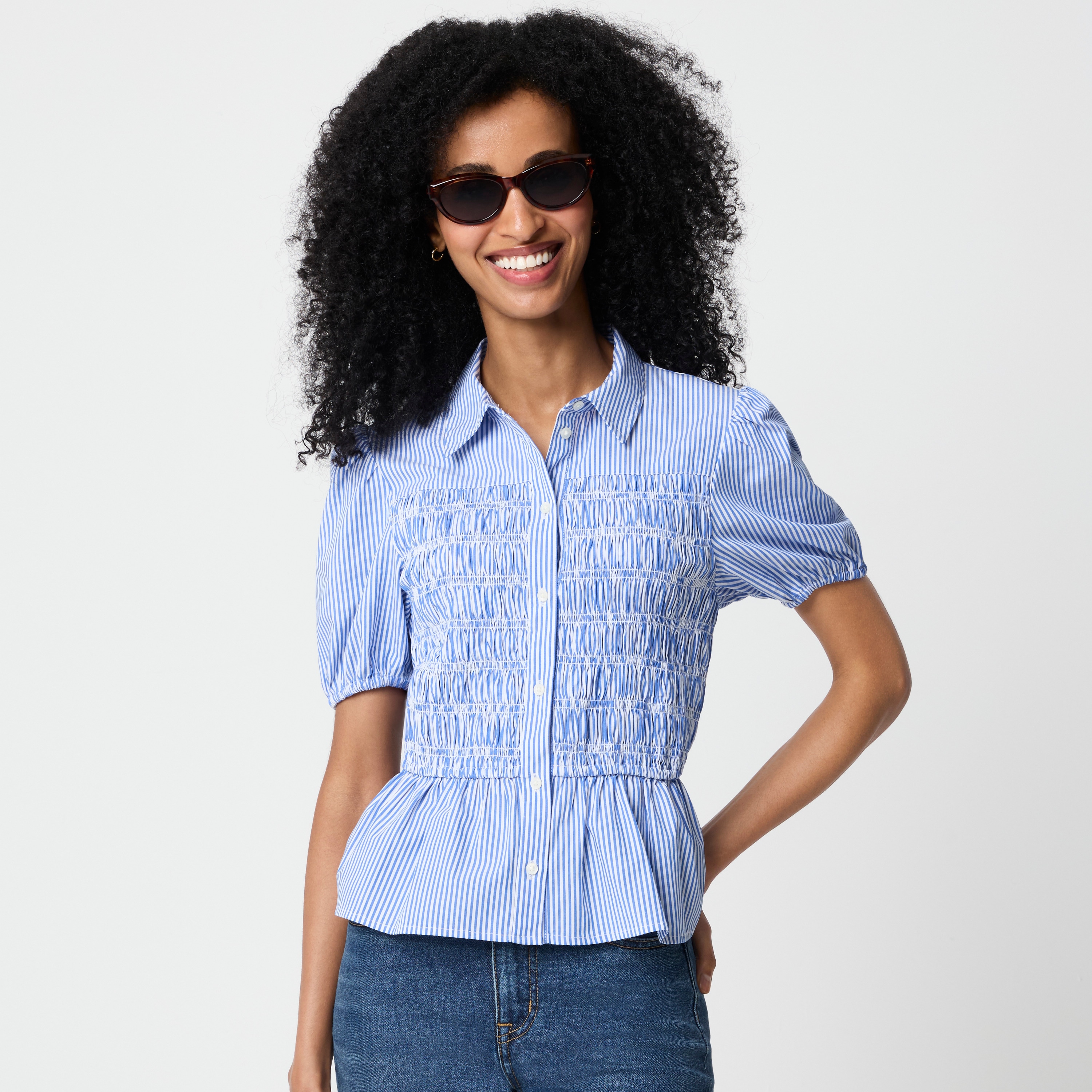 Striped smocked button-front top