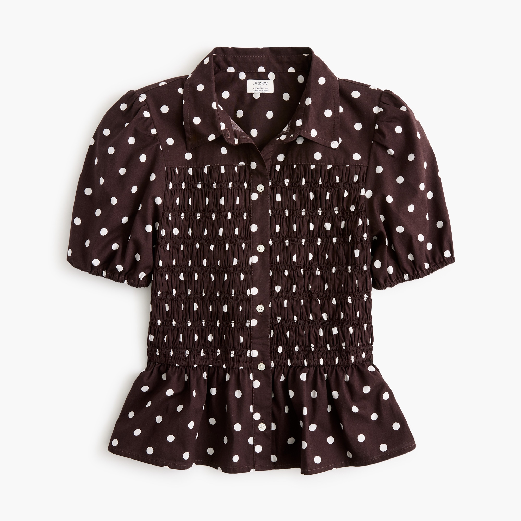 Polka-dot smocked button-front top