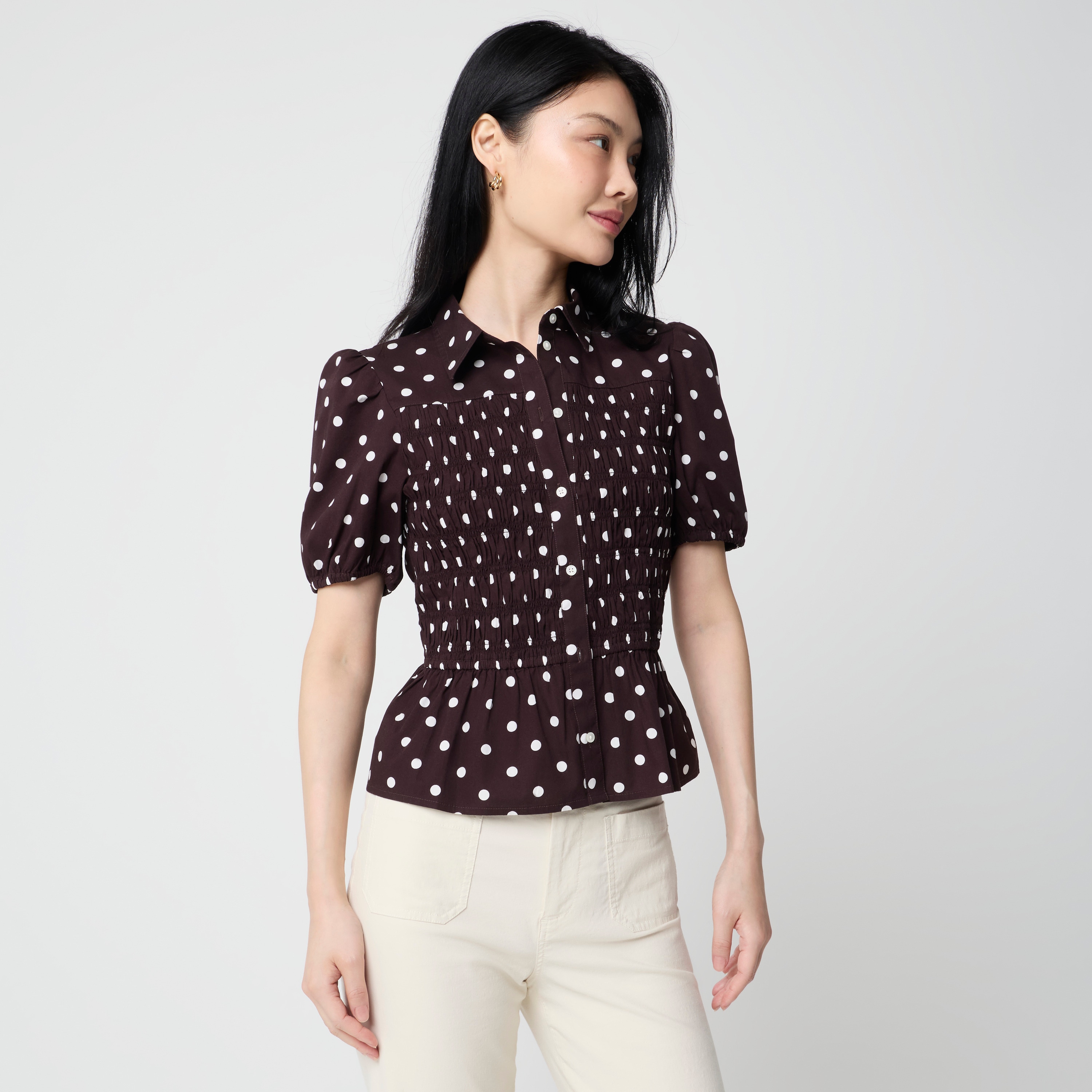 Polka-dot smocked button-front top