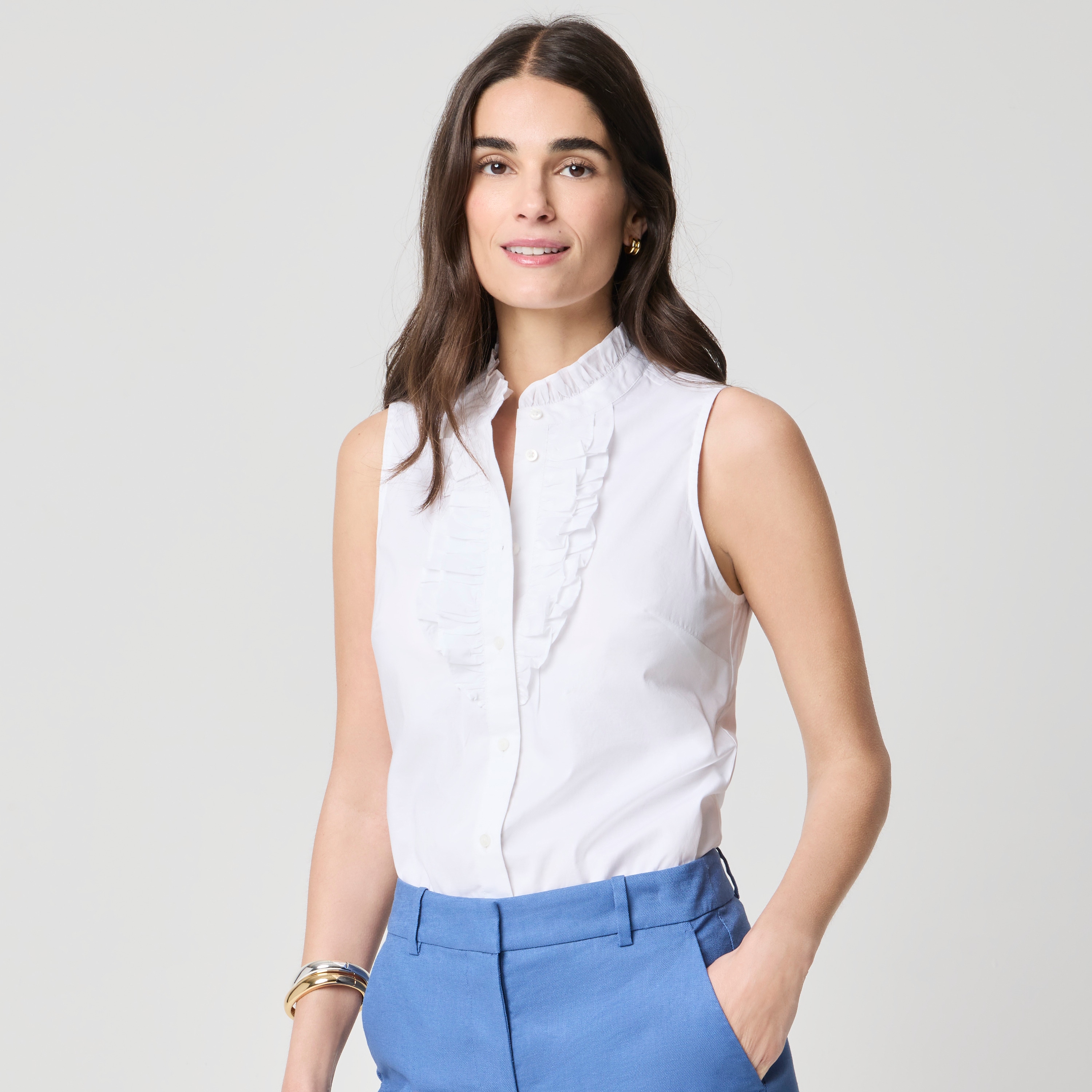 100% cotton ruffle-front top