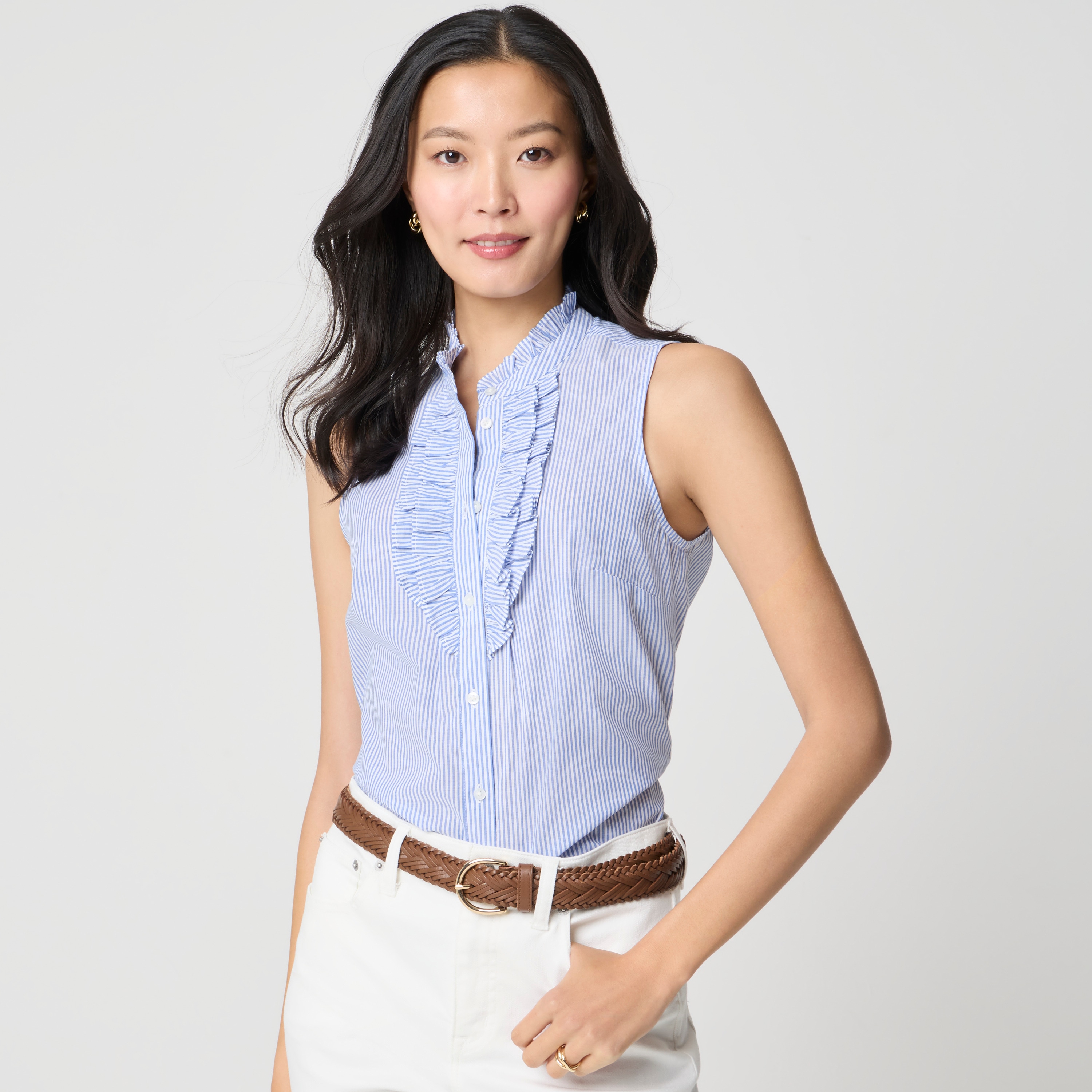 Striped ruffle-front top