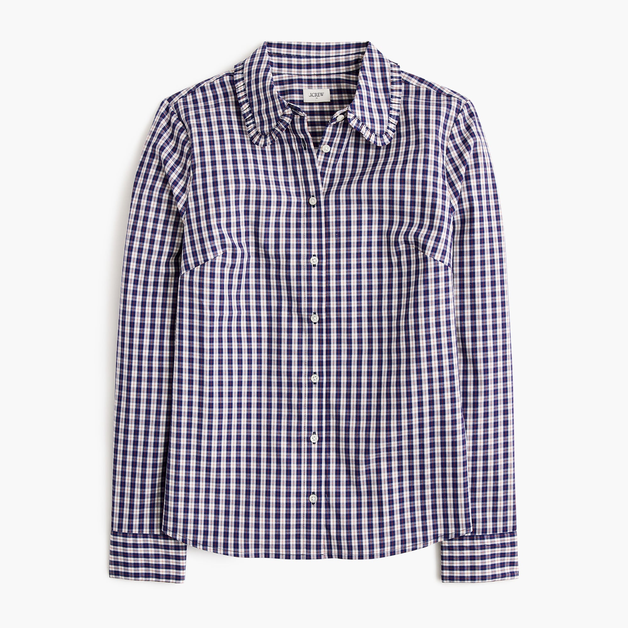 Plaid ruffle-collar button-up shirt