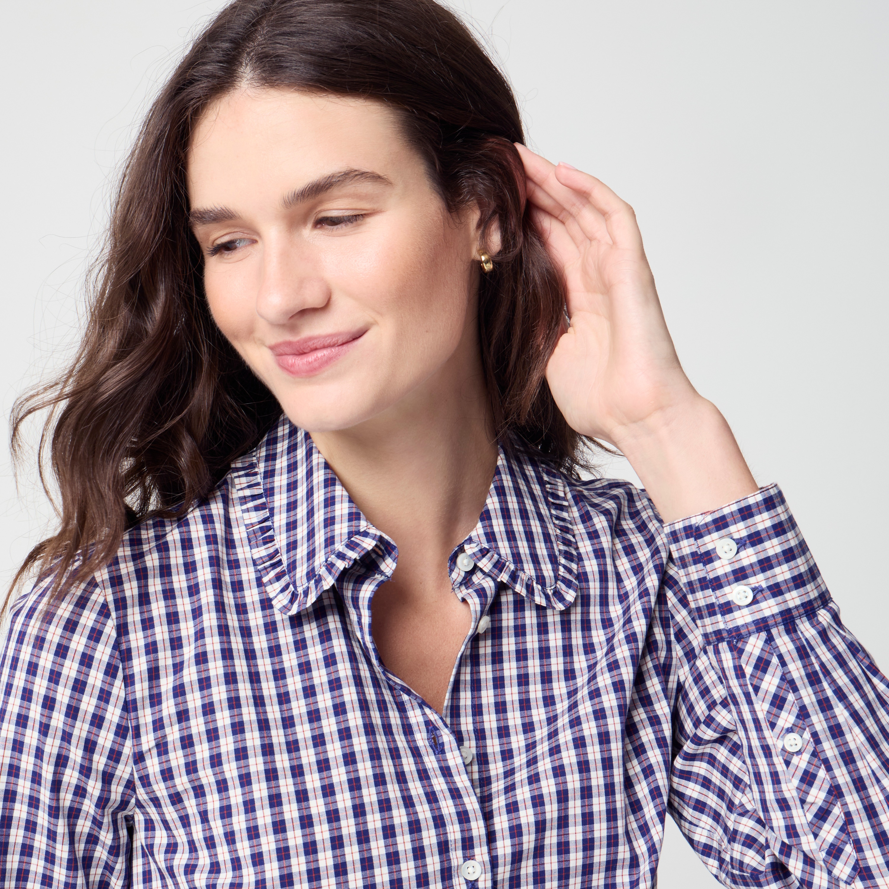 Plaid ruffle-collar button-up shirt