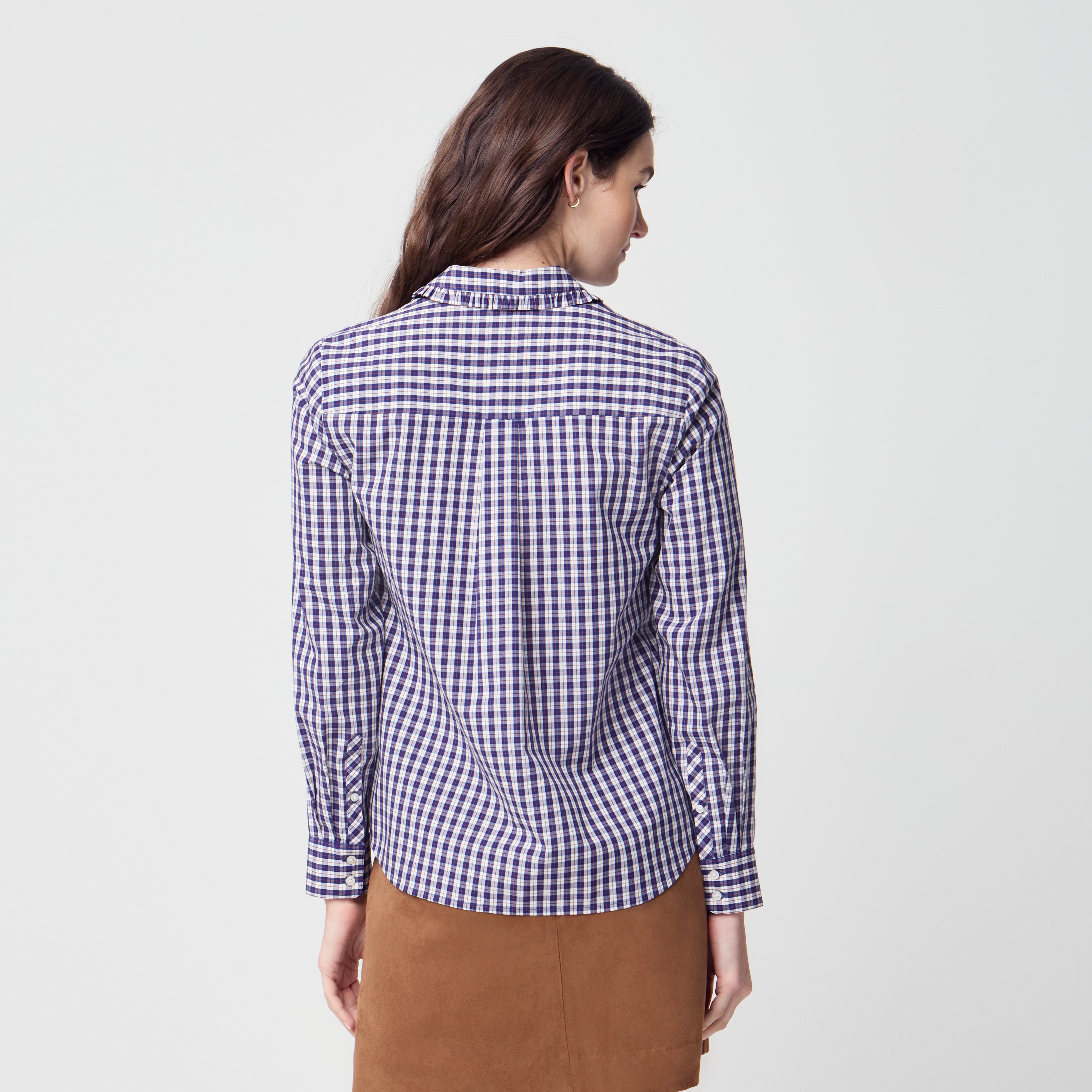 Plaid ruffle-collar button-up shirt