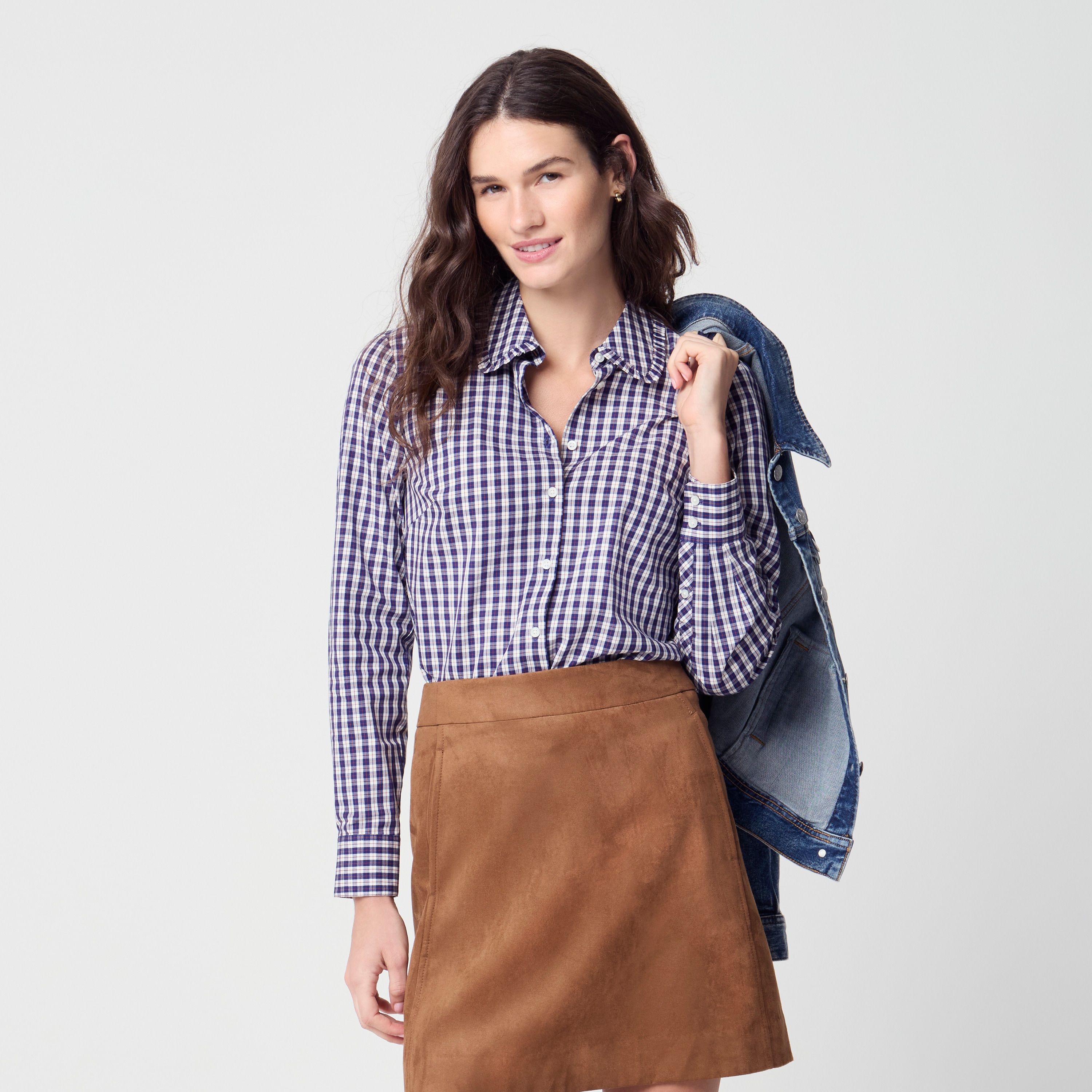 Plaid ruffle-collar button-up shirt