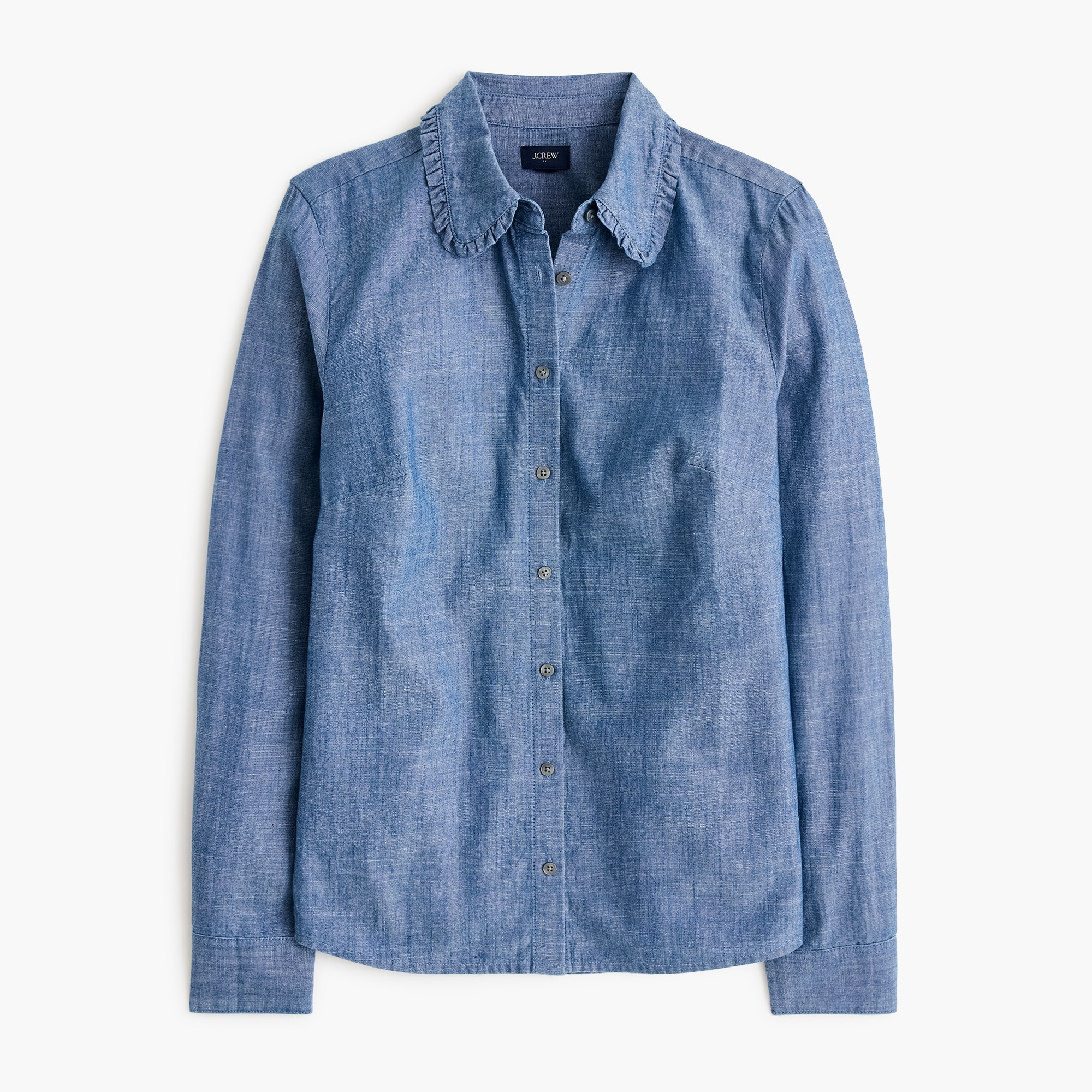 100% cotton chambray ruffle-collar button-up shirt