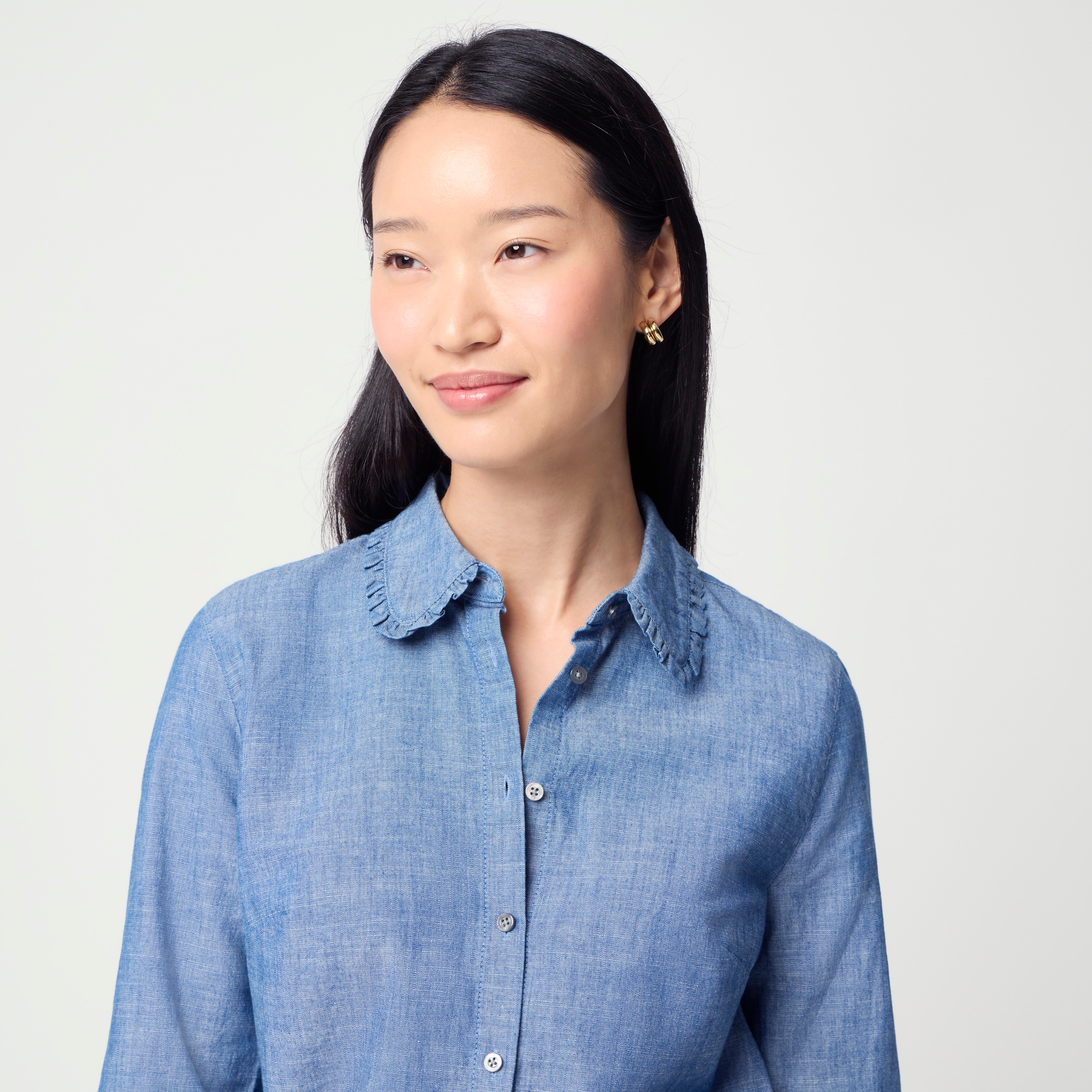100% cotton chambray ruffle-collar button-up shirt