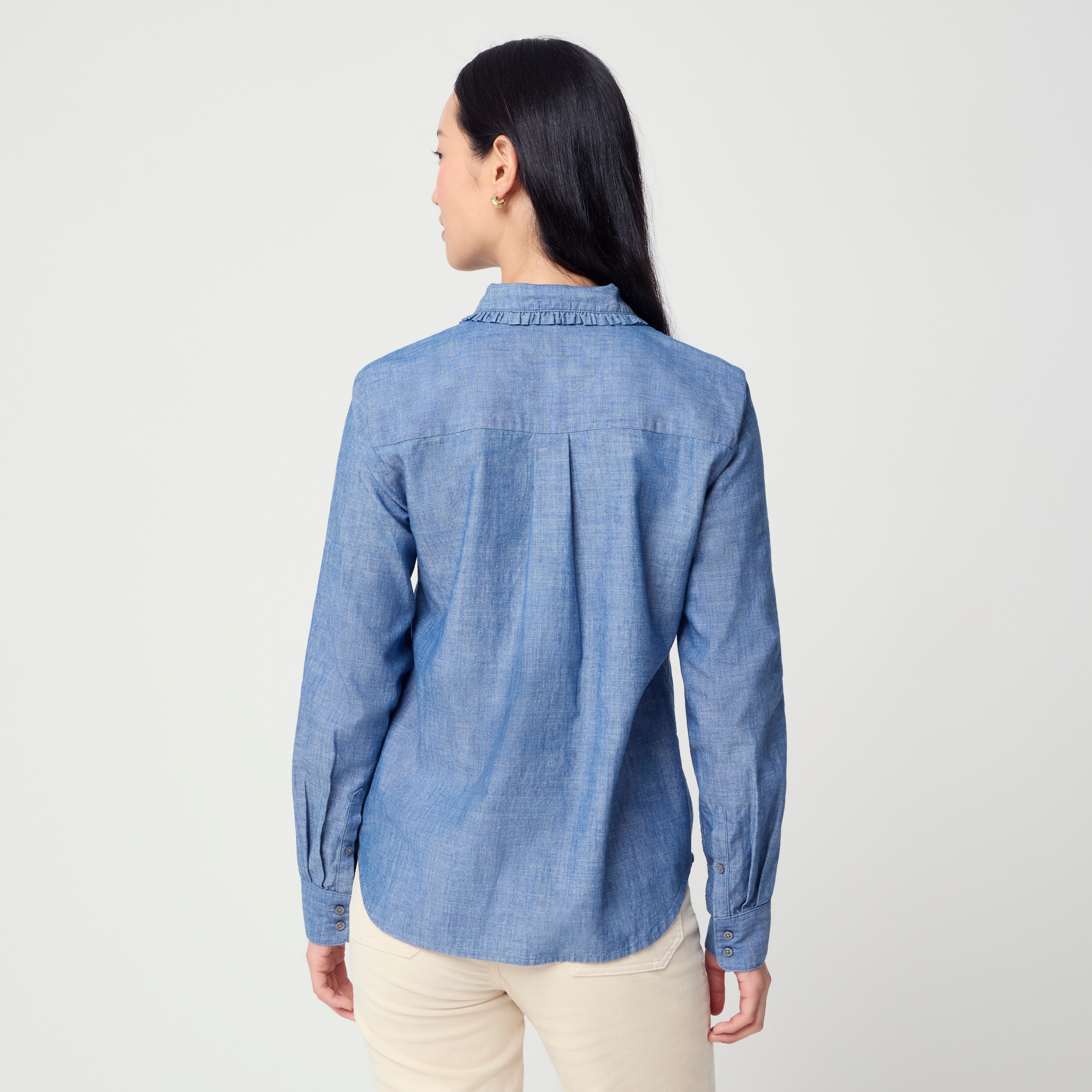 100% cotton chambray ruffle-collar button-up shirt