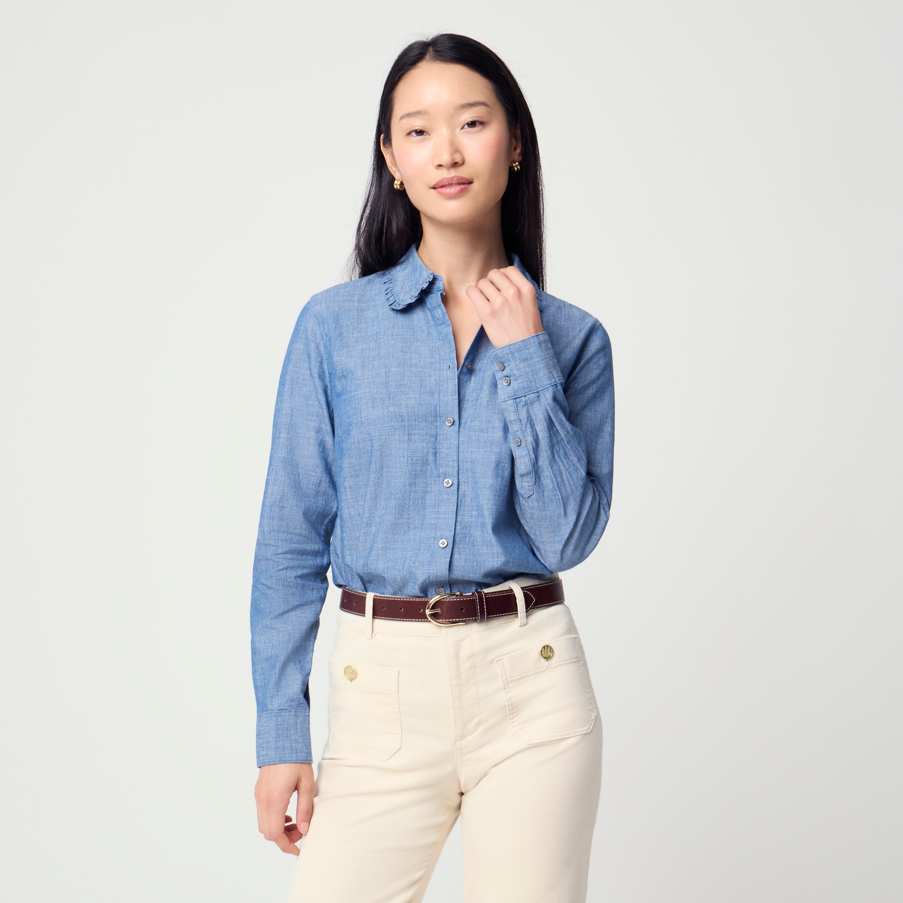 100% cotton chambray ruffle-collar button-up shirt