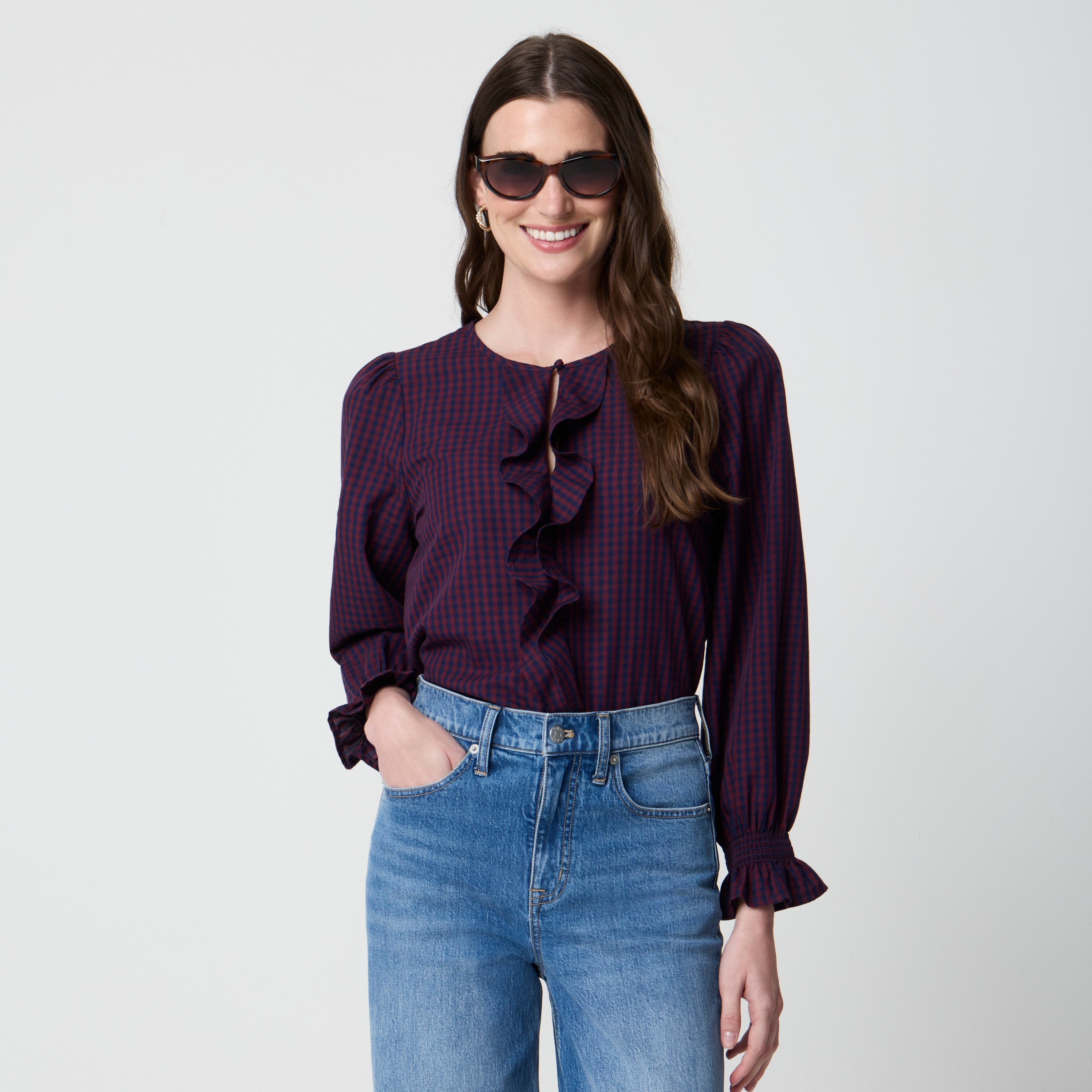 Checked ruffle-front top