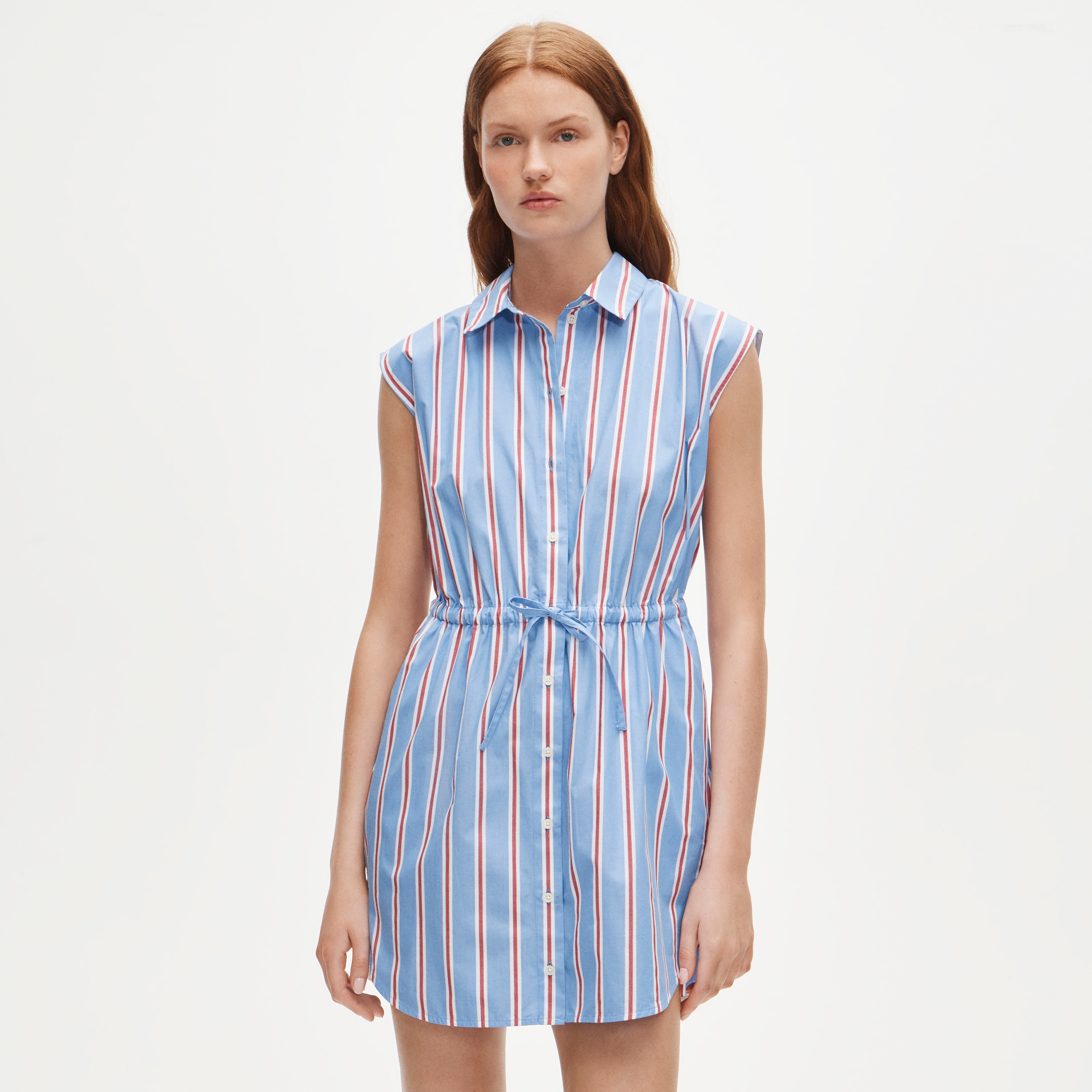Cap-sleeve shirt-dress in striped cotton poplin