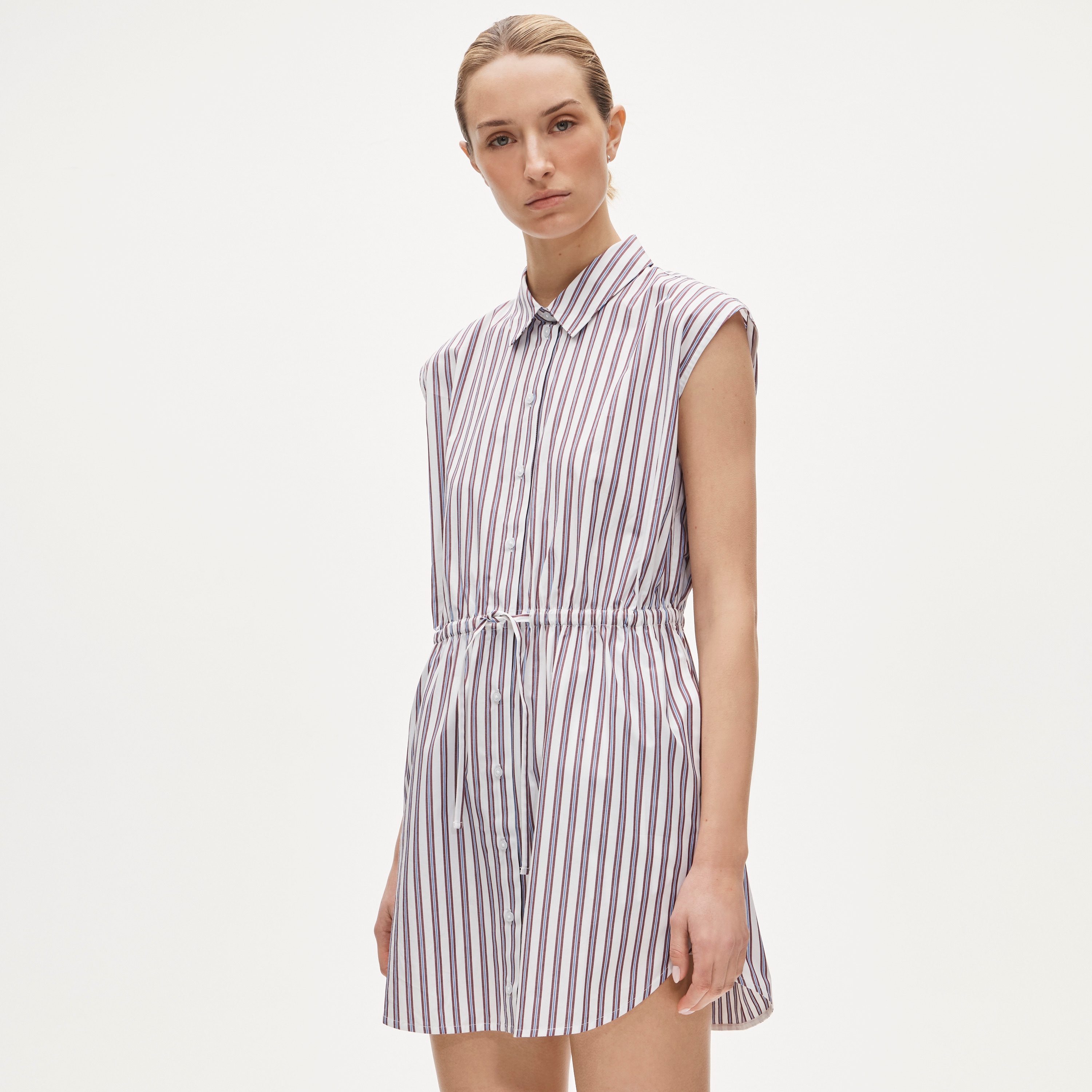 Mini cap-sleeve shirt-dress in striped cotton poplin - image 3