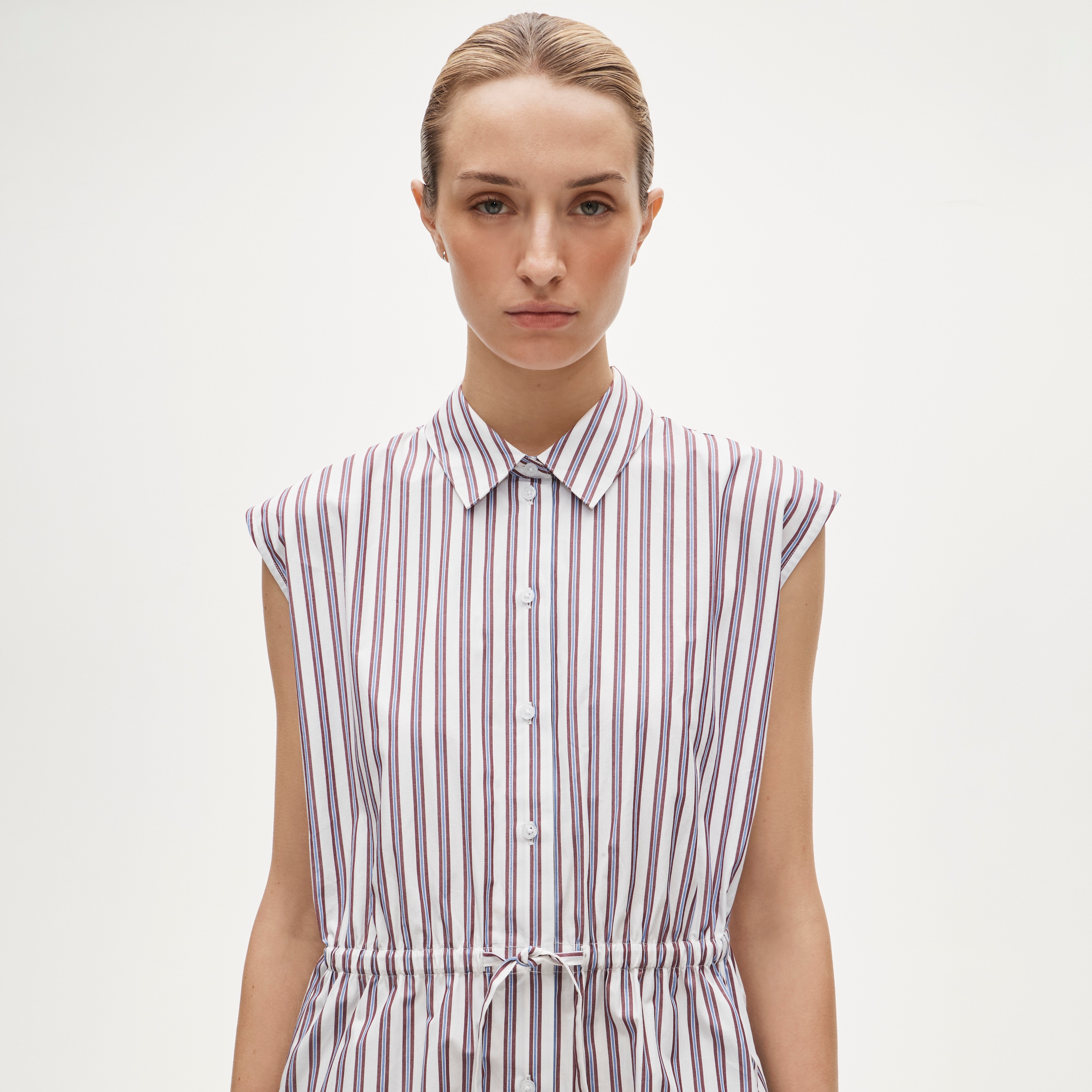 Mini cap-sleeve shirt-dress in striped cotton poplin - image 4