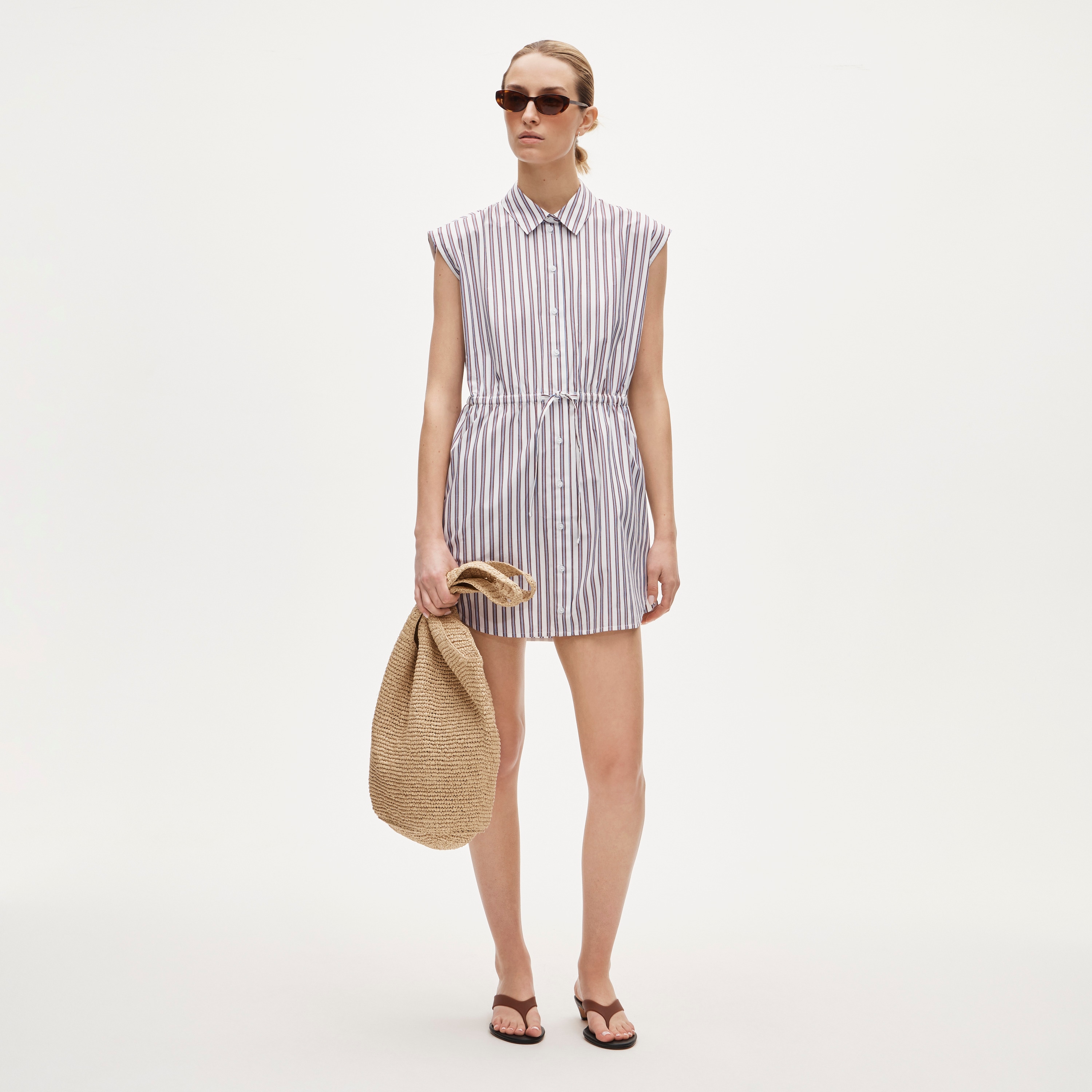 Mini cap-sleeve shirt-dress in striped cotton poplin - image 2