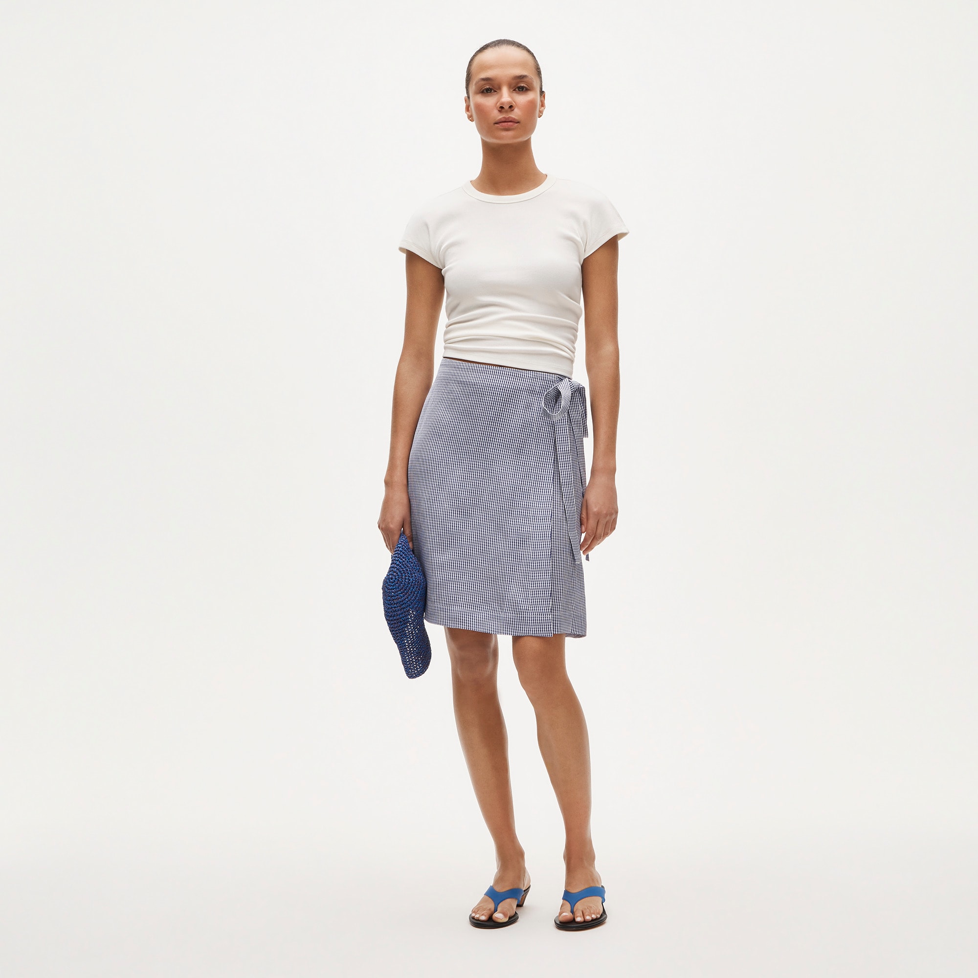 Faux-wrap skirt in gingham linen blend