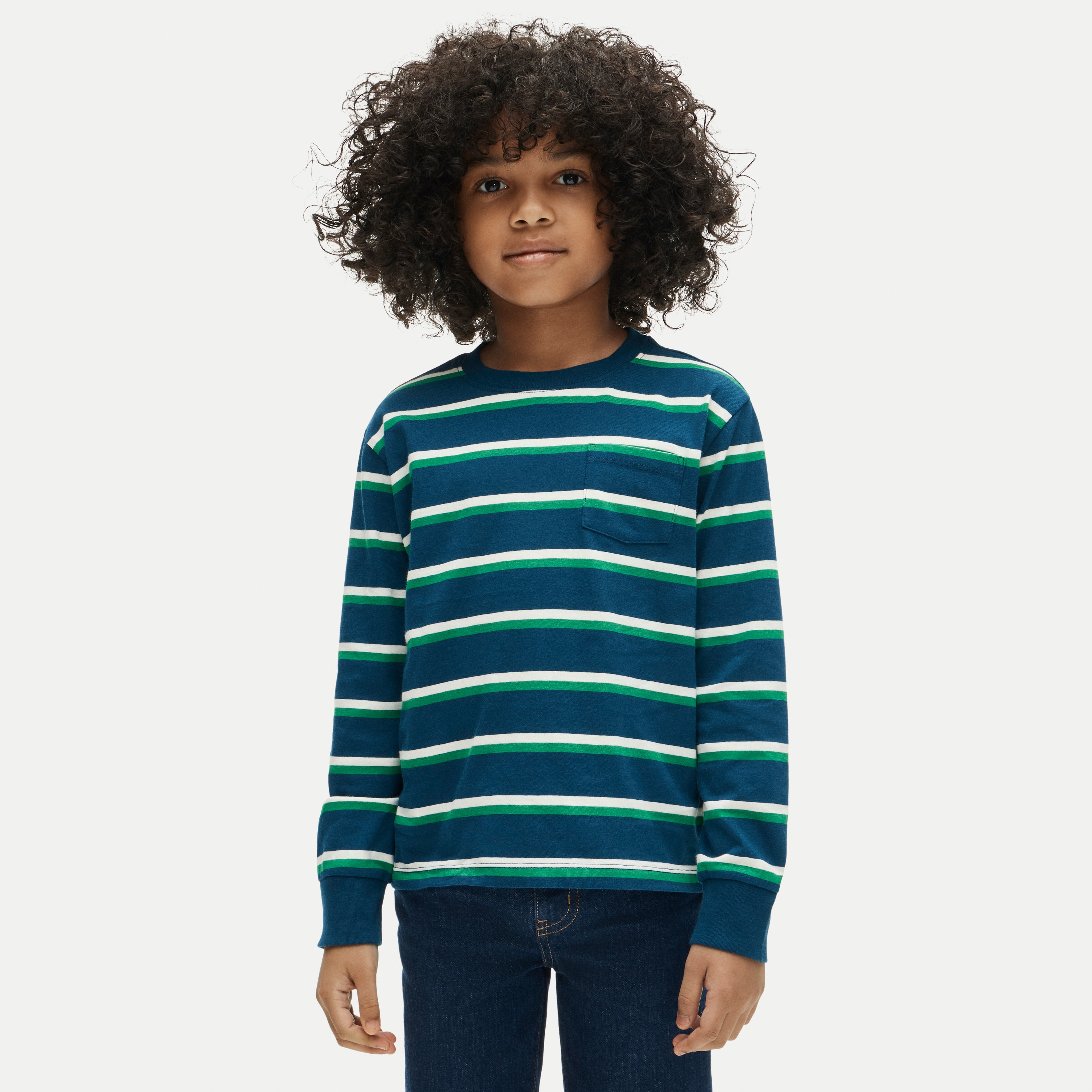 Kids' long-sleeve pocket T-shirt in striped broken-in jersey