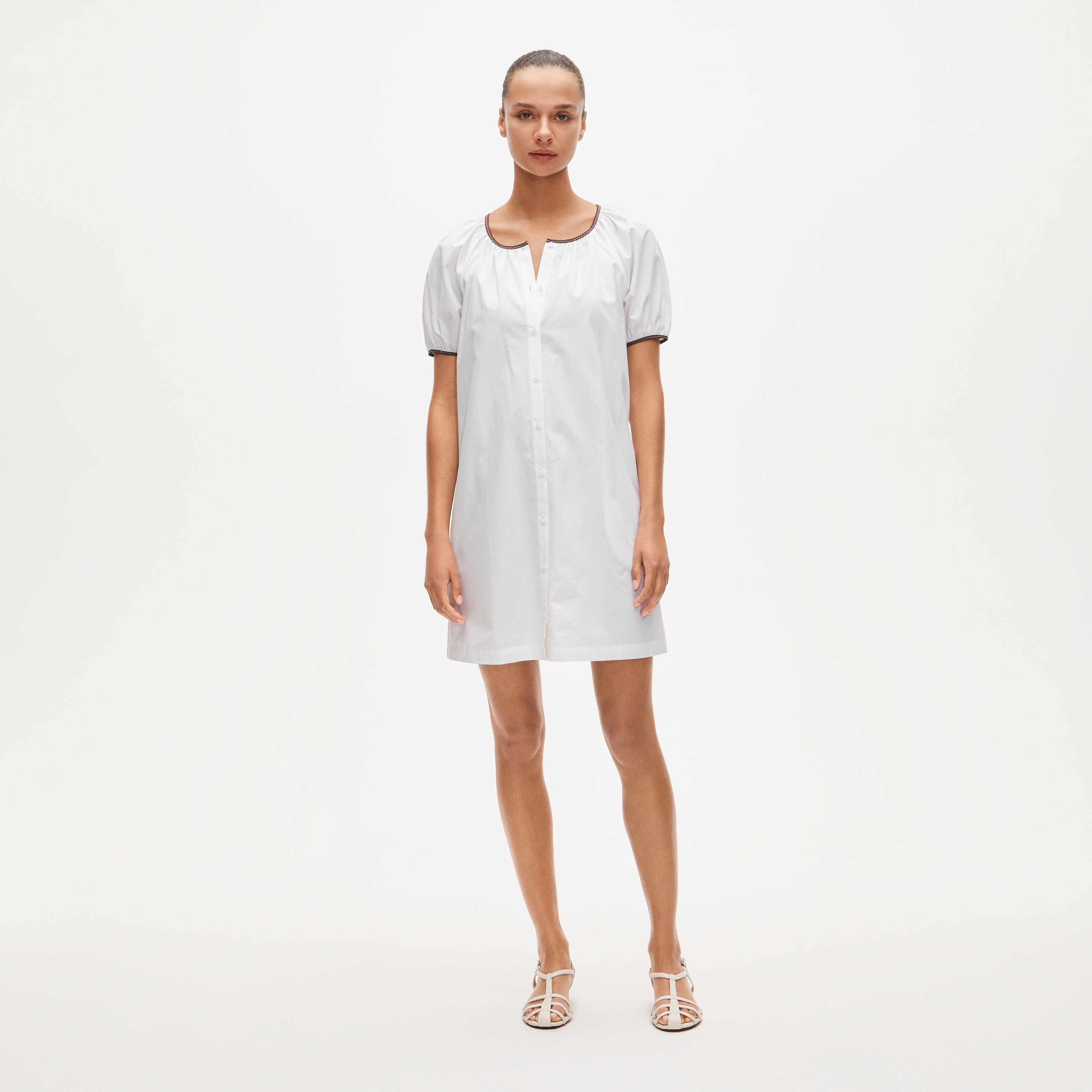 Puff-sleeve popover dress with contrast trim