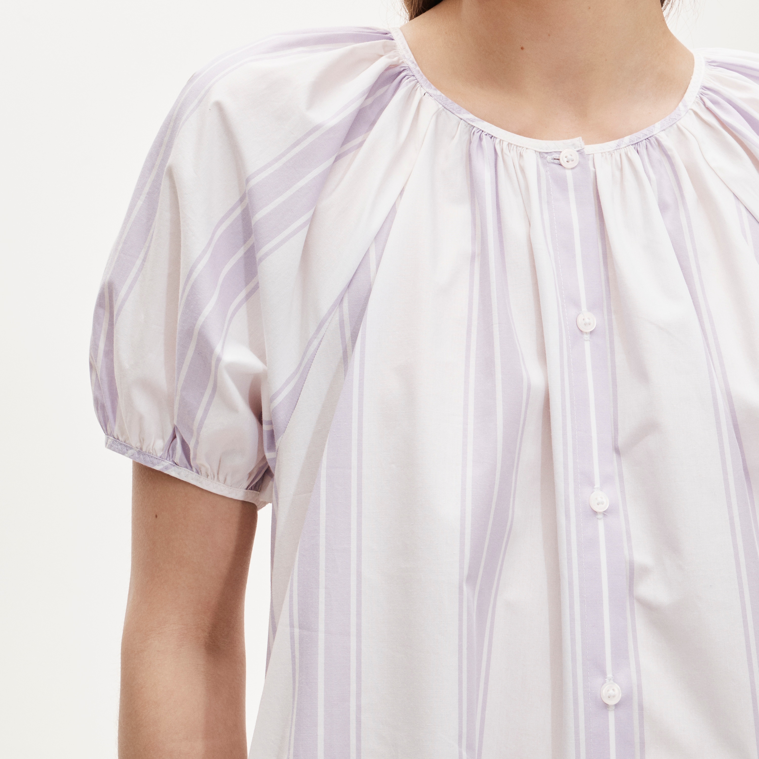 Puff-sleeve popover dress in stripe