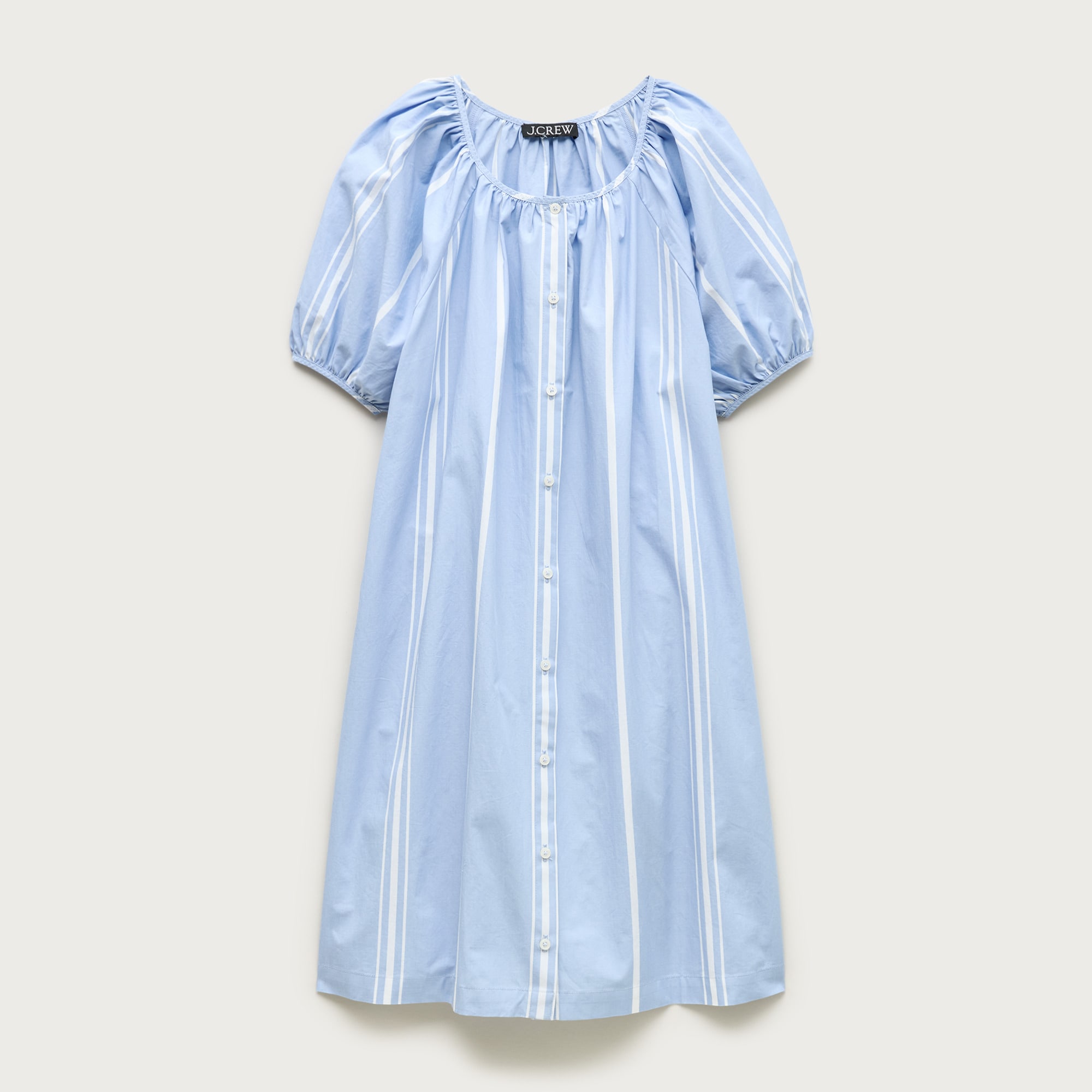 Puff-sleeve popover dress in striped cotton poplin
