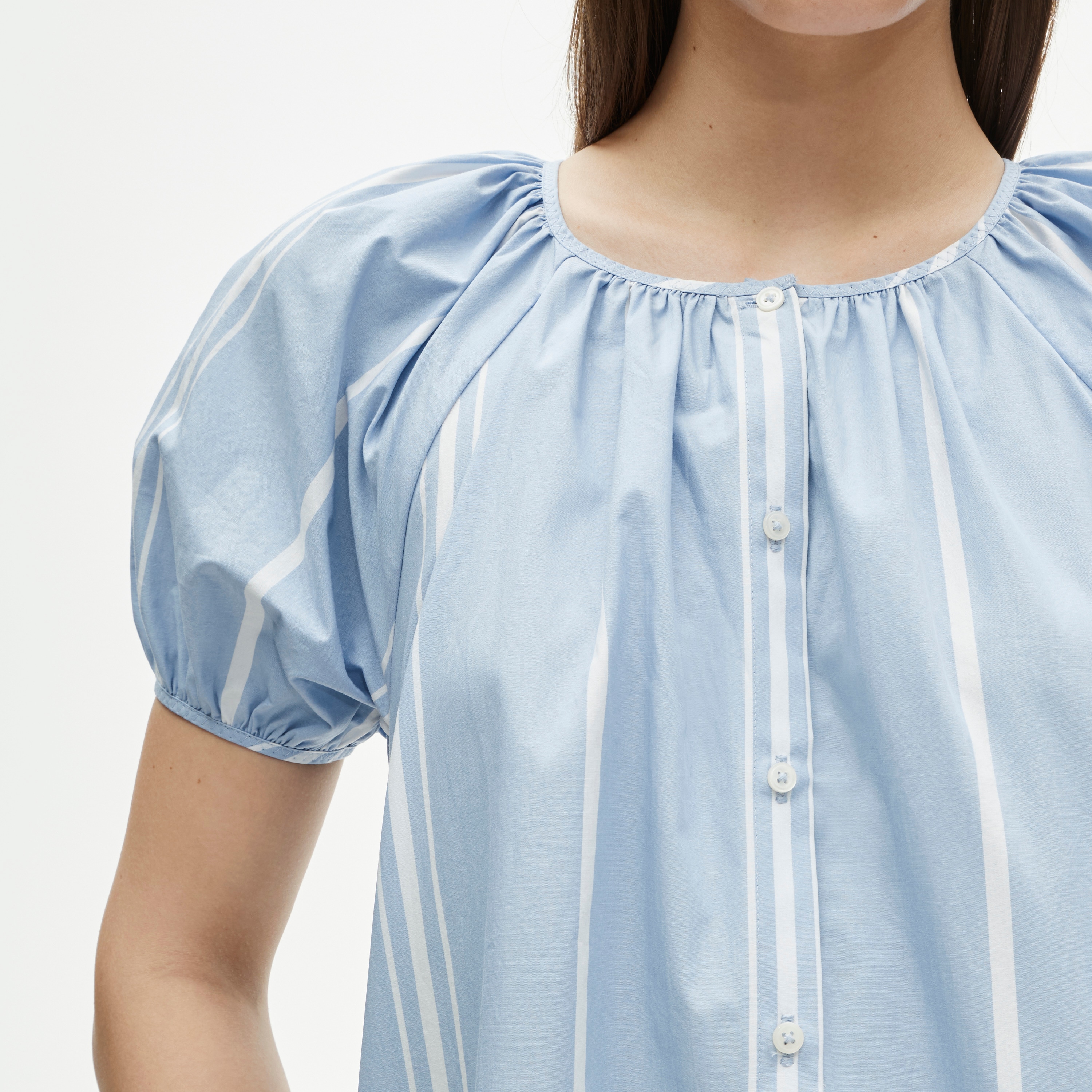 Puff-sleeve popover dress in striped cotton poplin - image 3