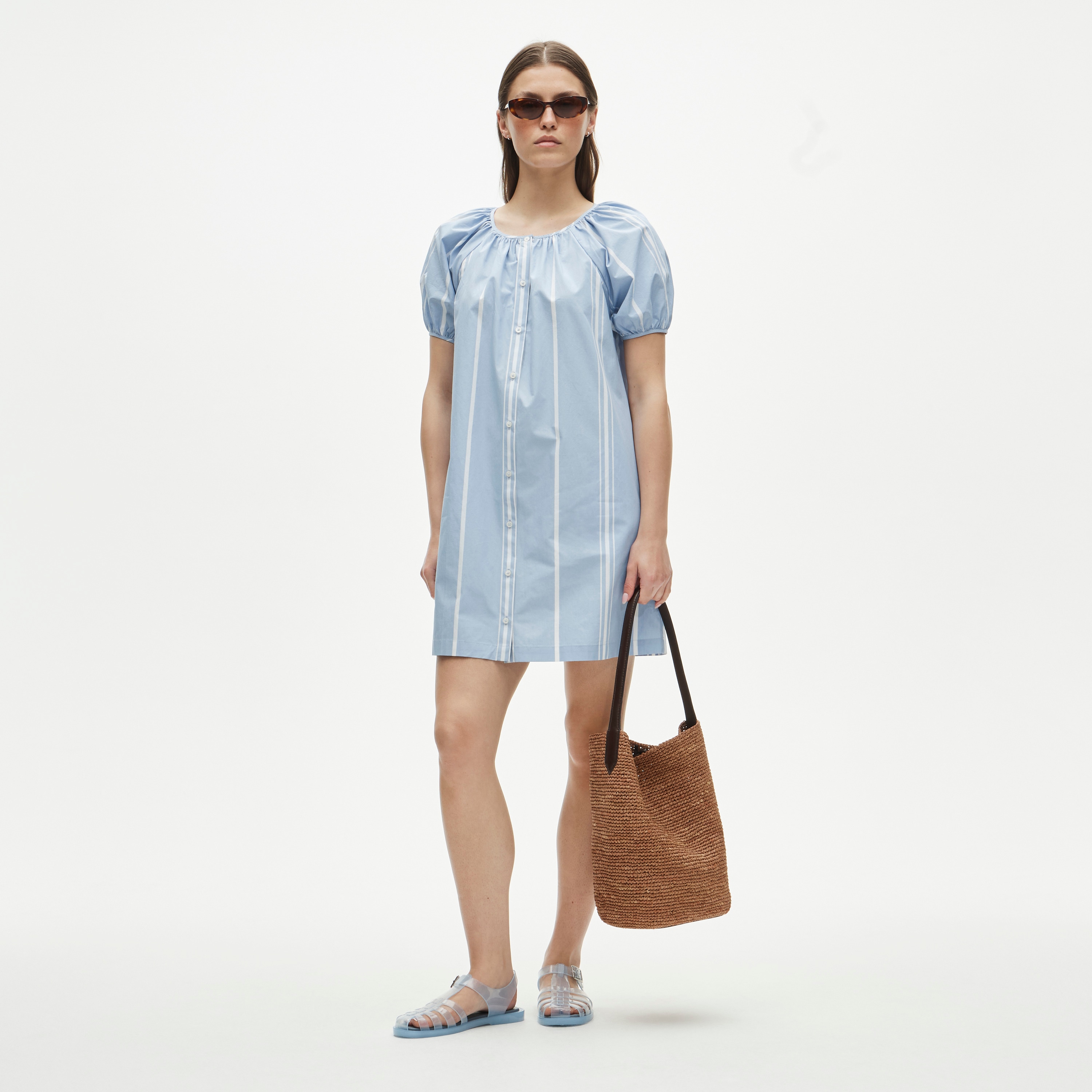 Puff-sleeve popover dress in striped cotton poplin - image 2