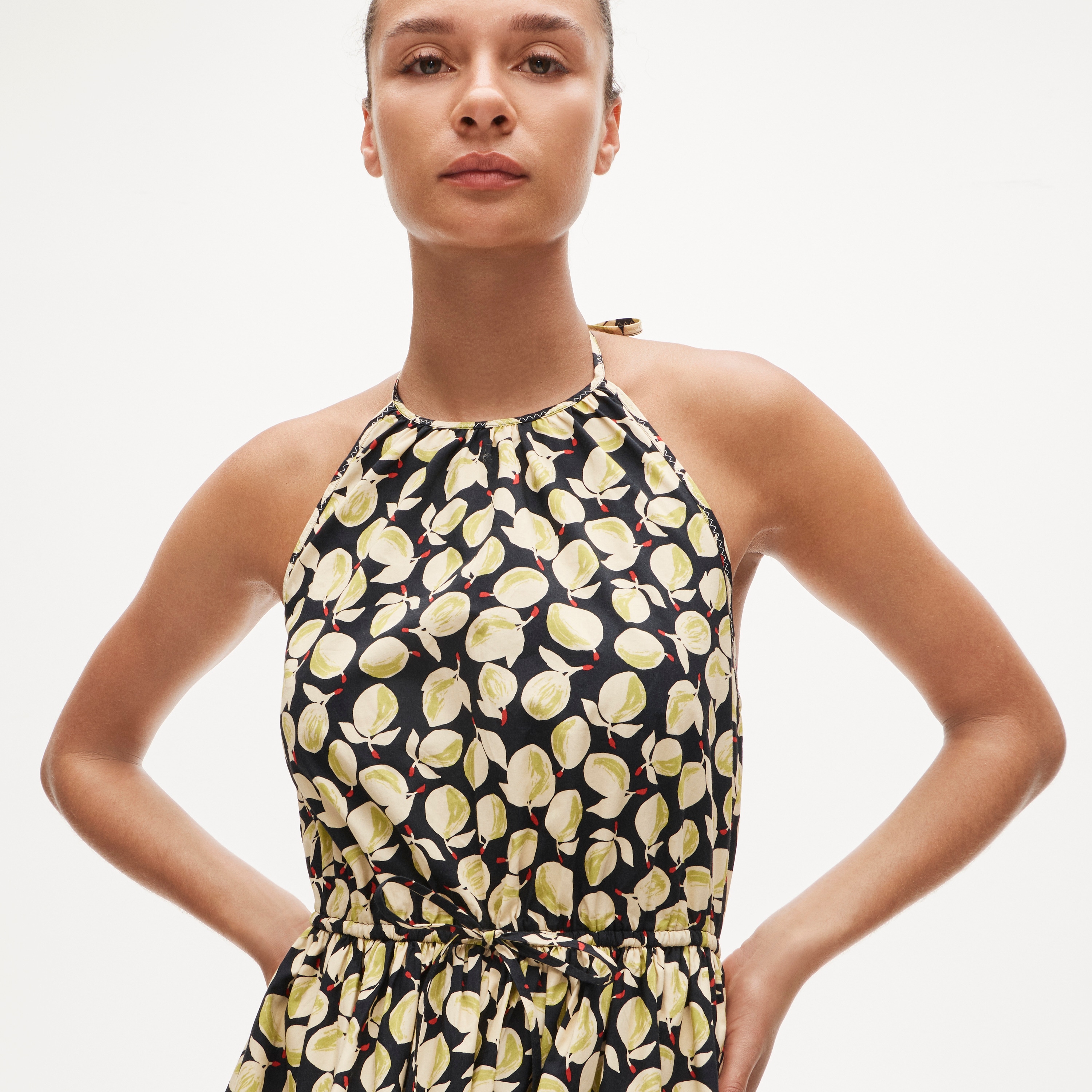 Halter dress in lemon-print cotton poplin