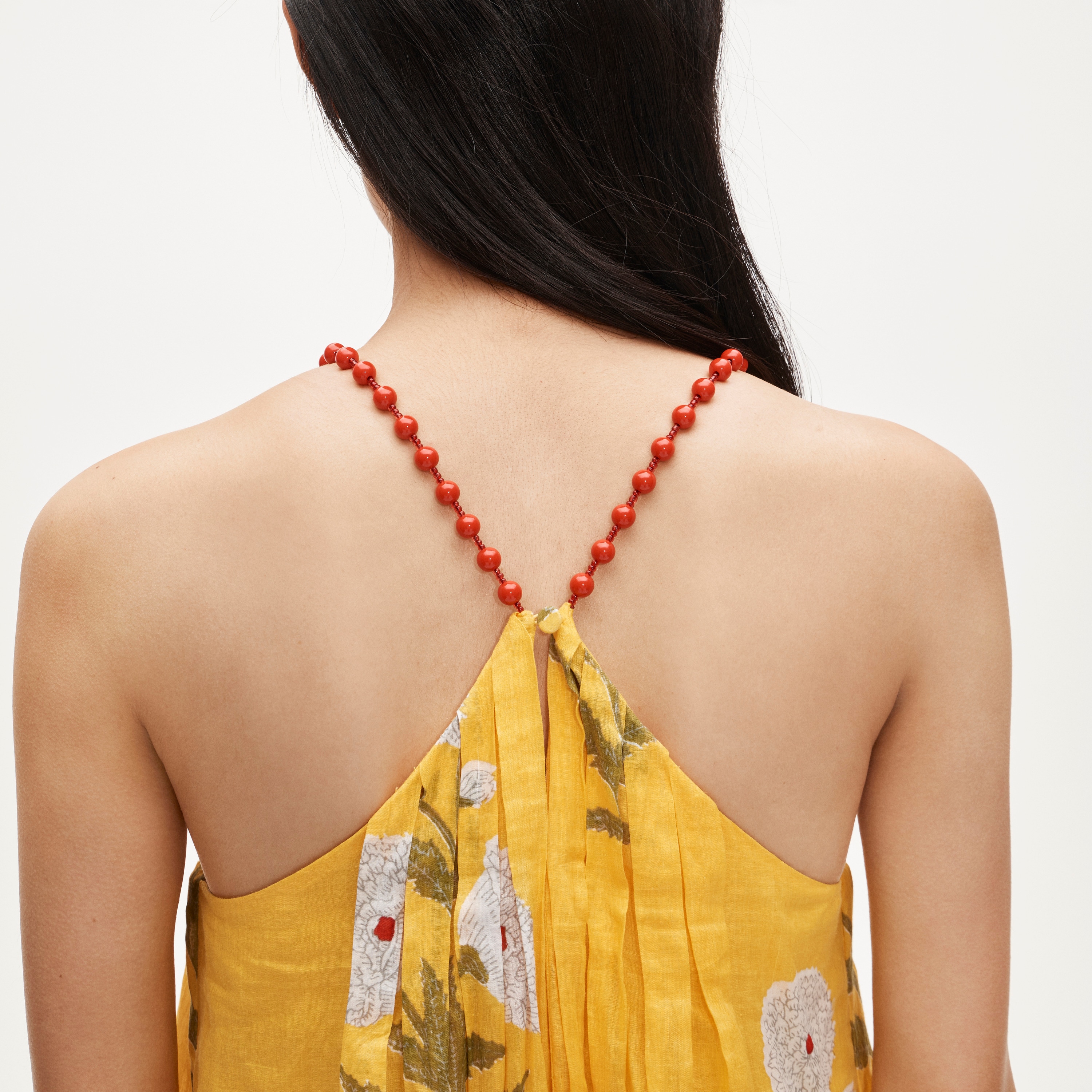 Beaded-strap dress in marigold block-print ramie