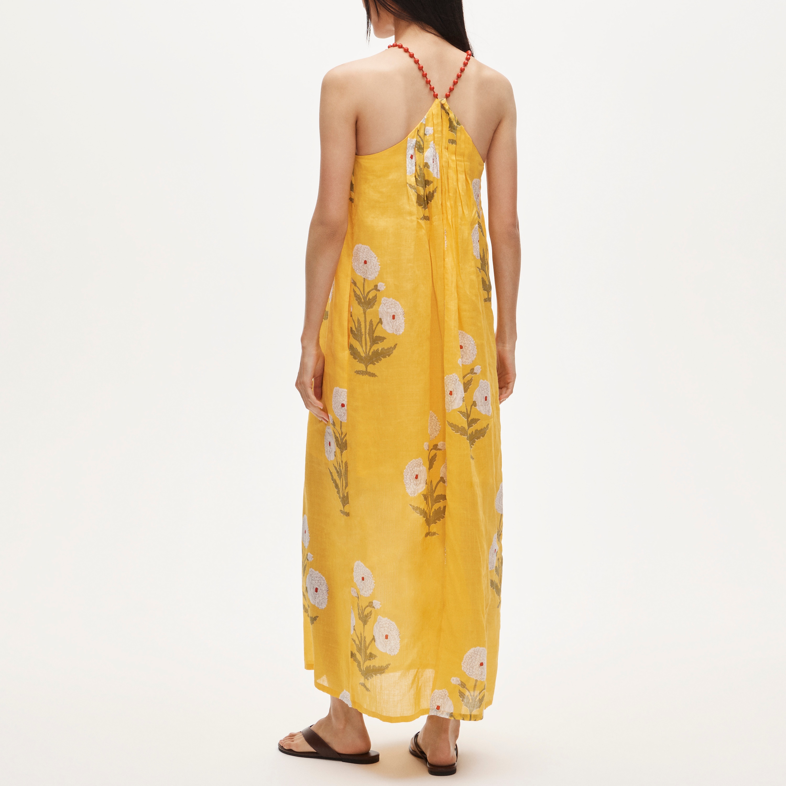 Beaded-strap dress in marigold block-print ramie