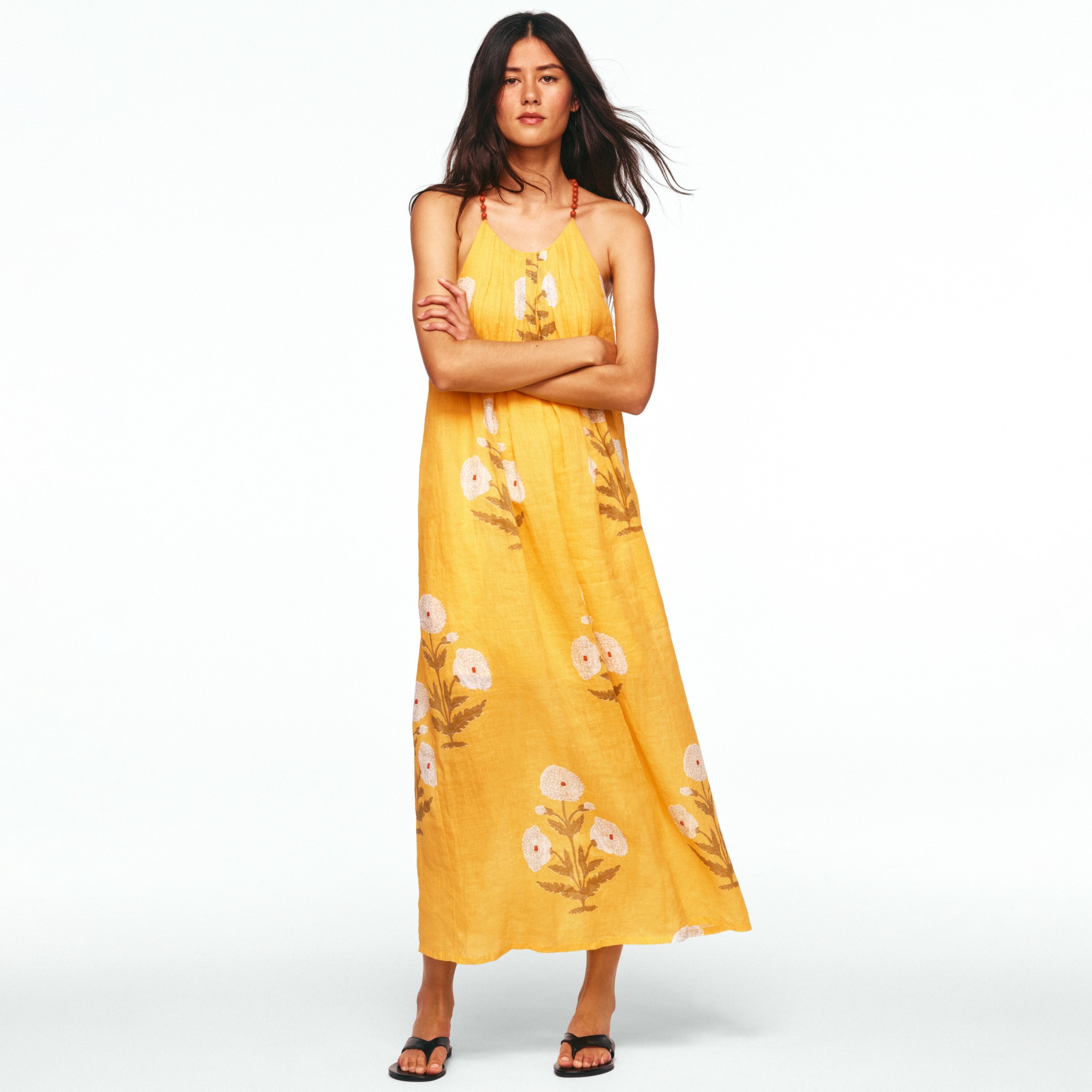 View Beaded-strap dress in marigold block-print ramie