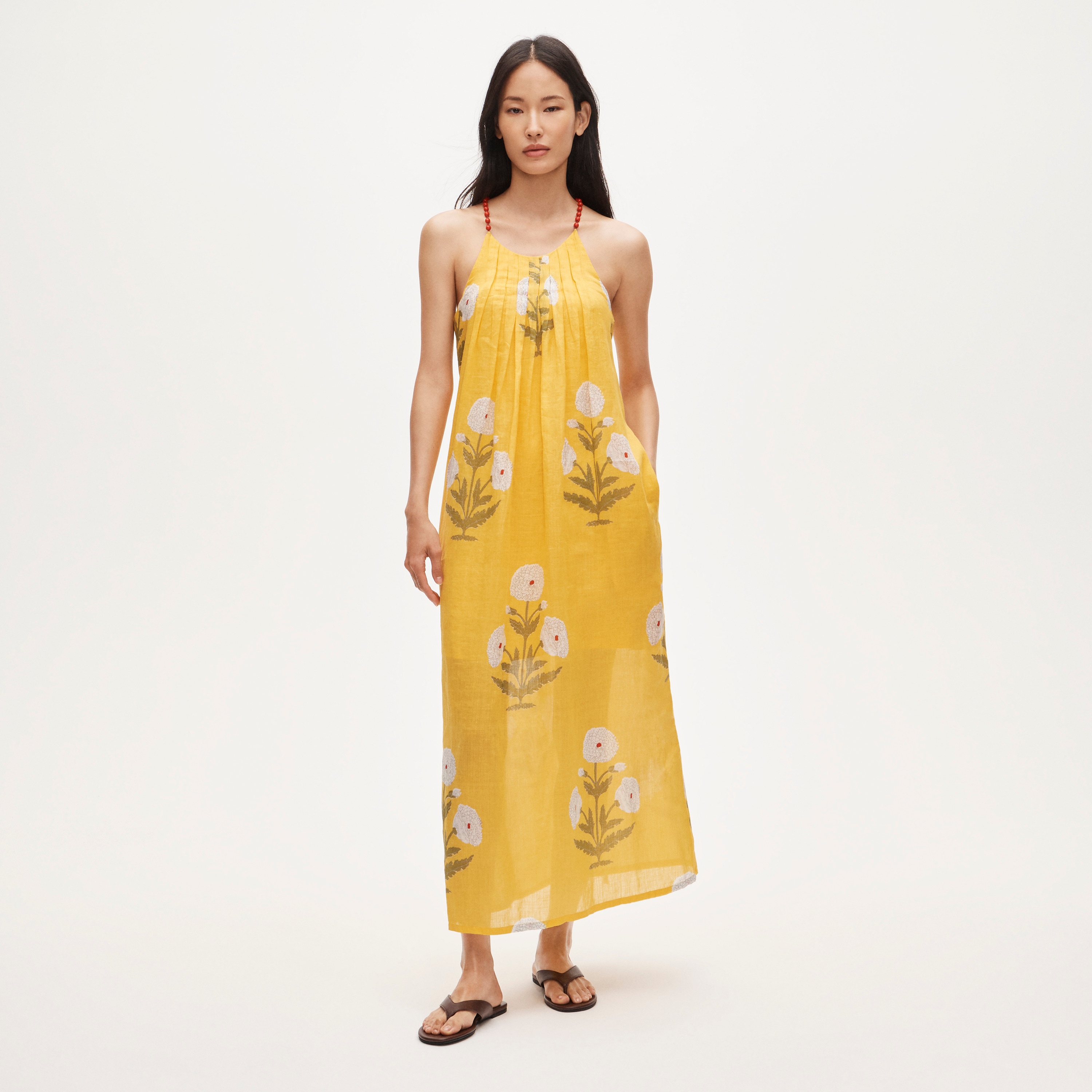 Beaded-strap dress in marigold block-print ramie