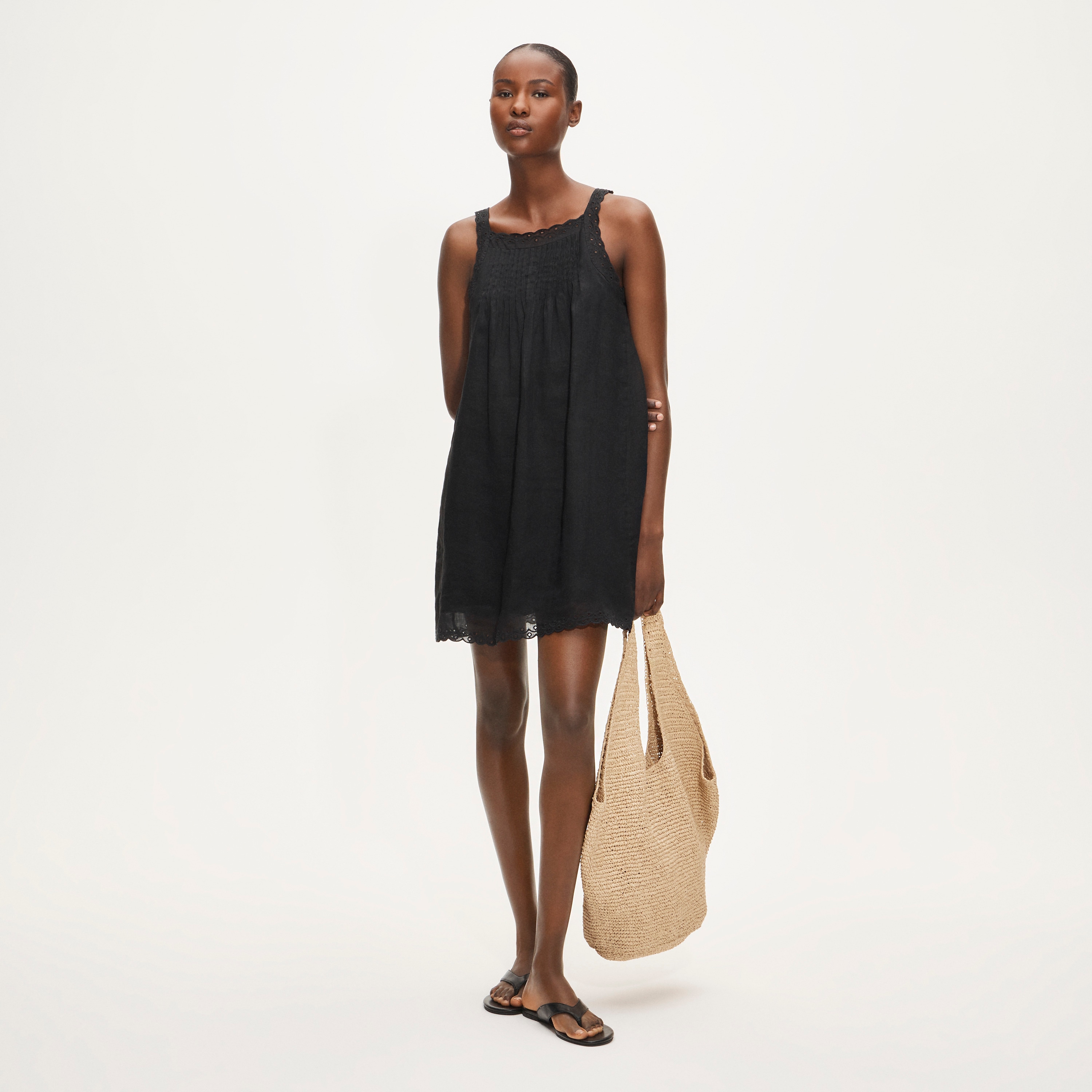 Scallop-trim mini dress in ramie