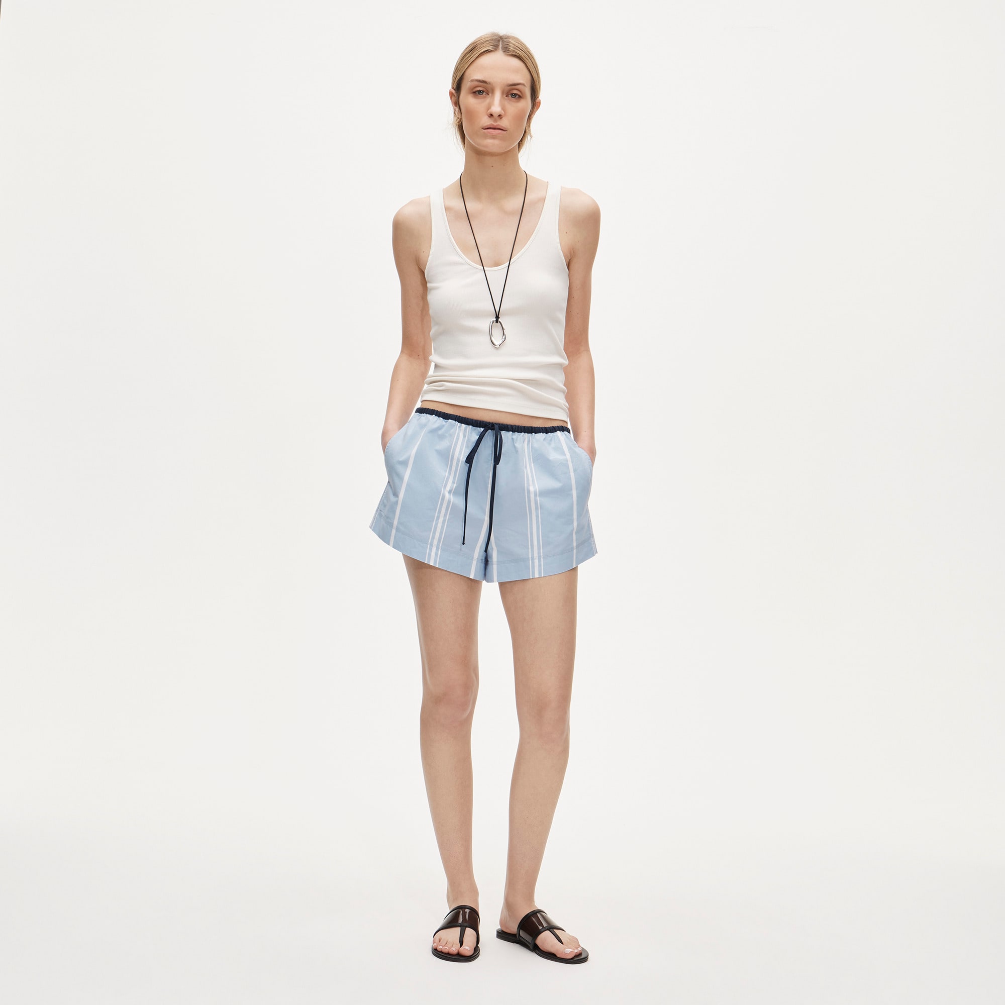 Cruise drawstring short in striped cotton poplin