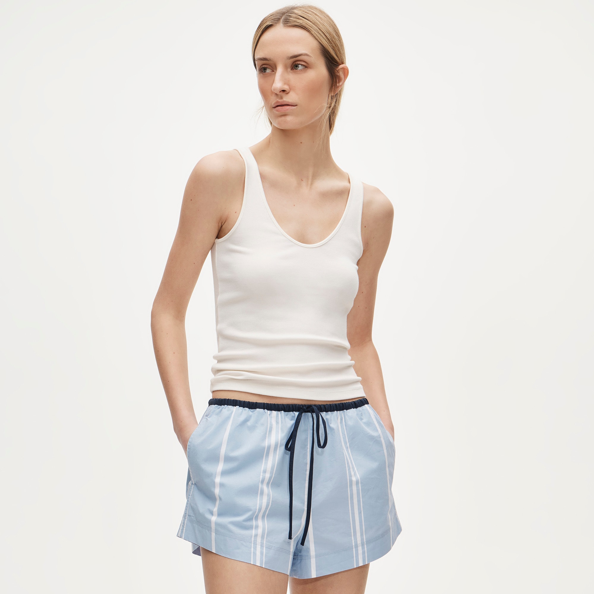 Cruise drawstring short in striped cotton poplin
