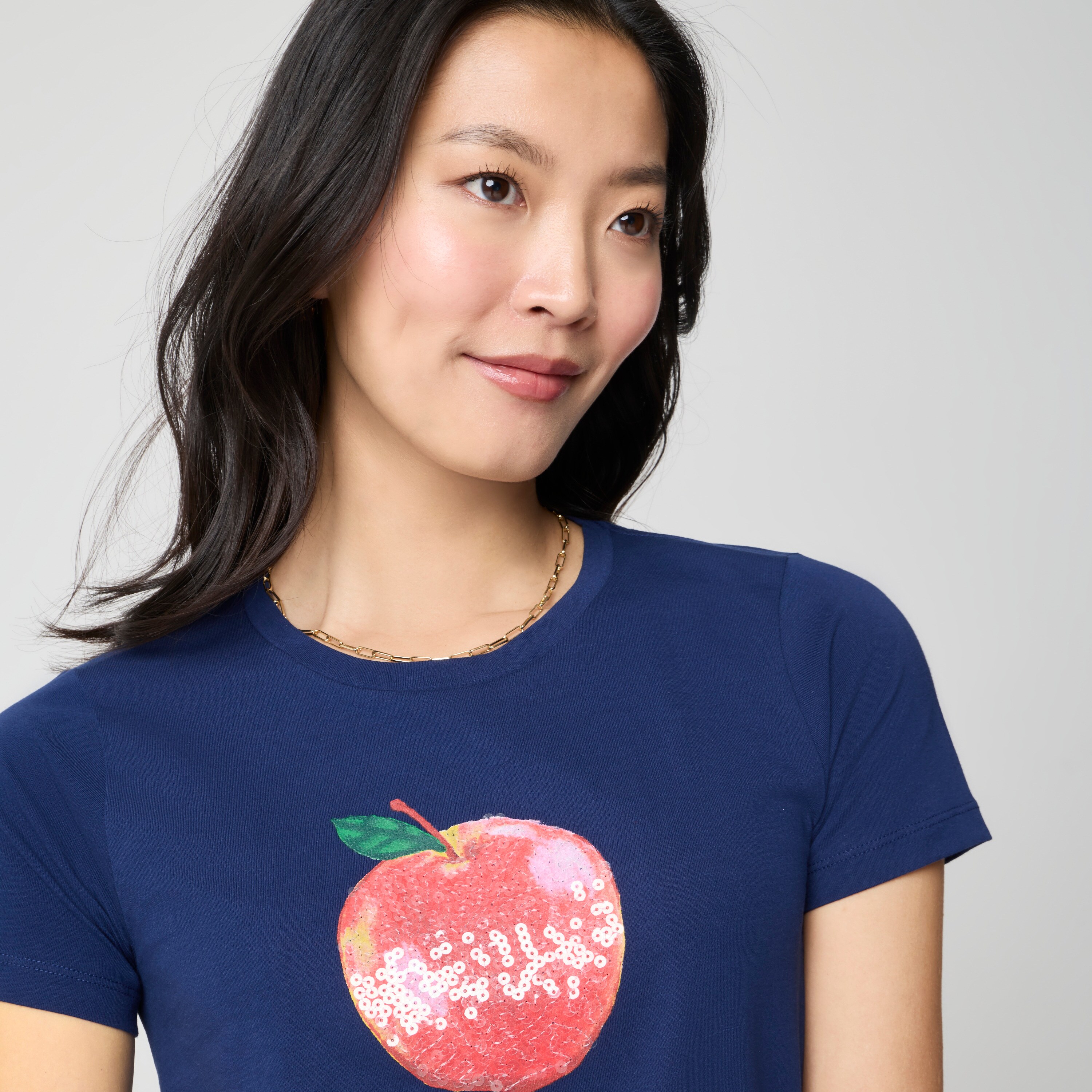 100% Cotton Sequin Apple Graphic Tee For Women | Factory