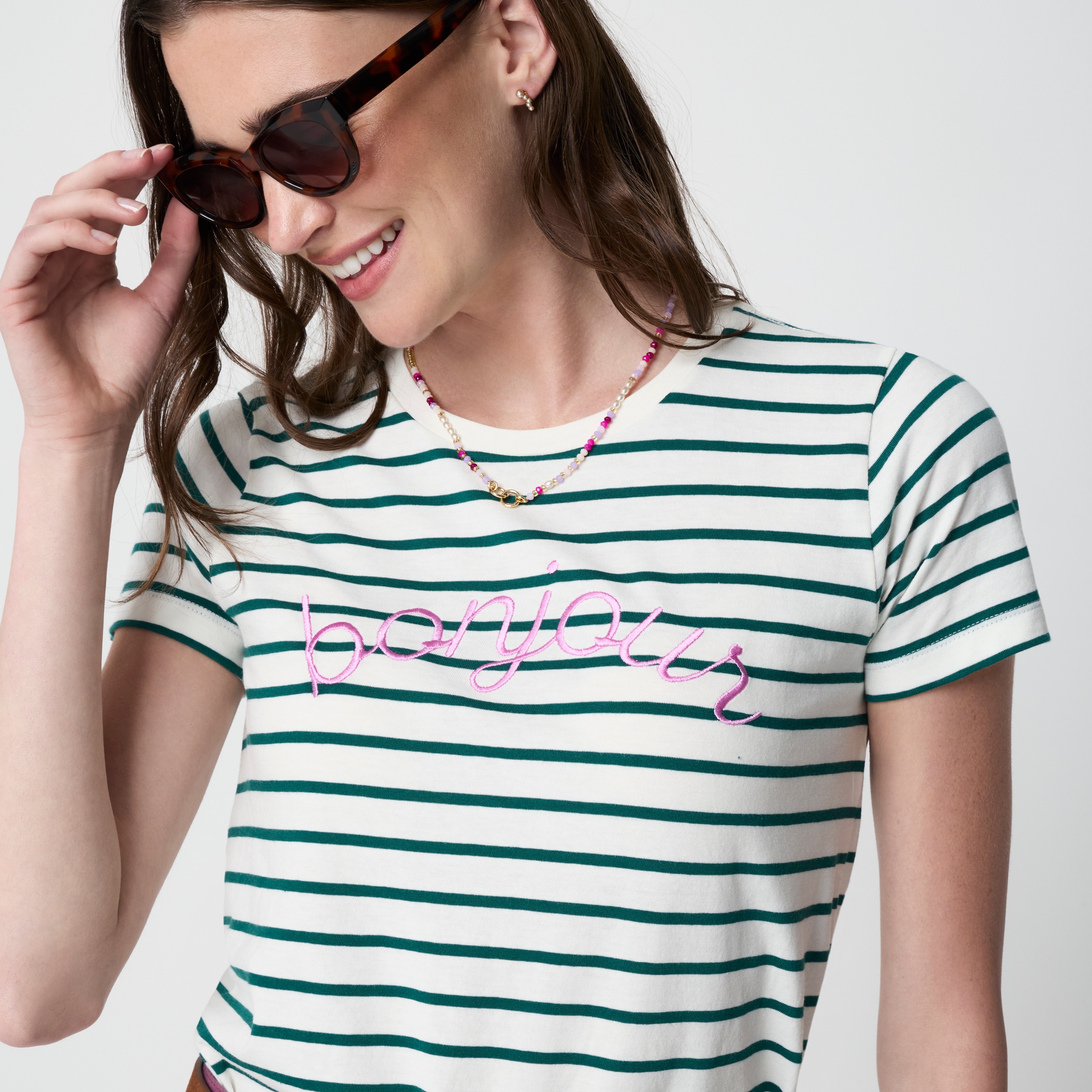 Striped "bonjour" graphic tee