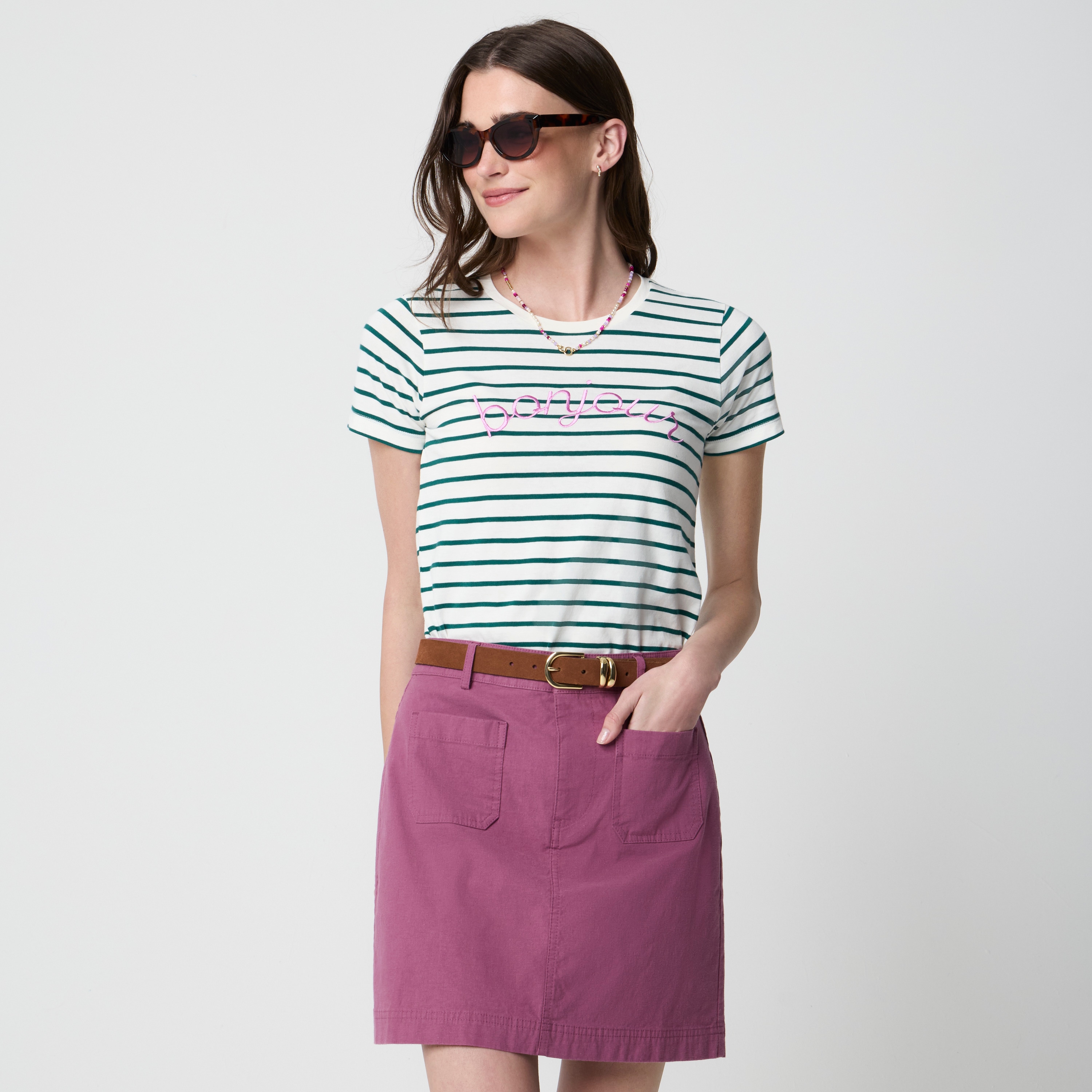 Striped "bonjour" graphic tee