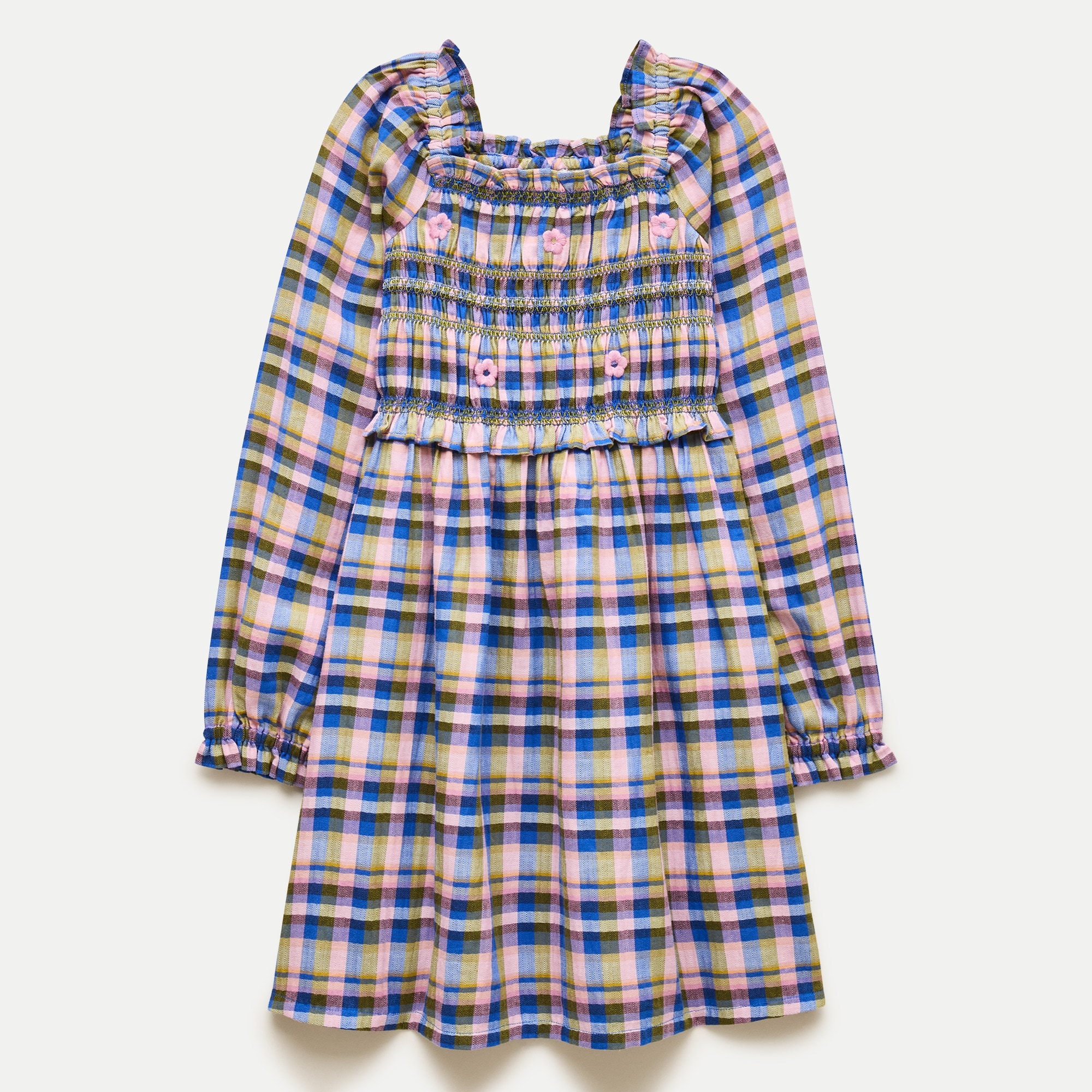 Girls' smocked long-sleeve dress in flannel print
