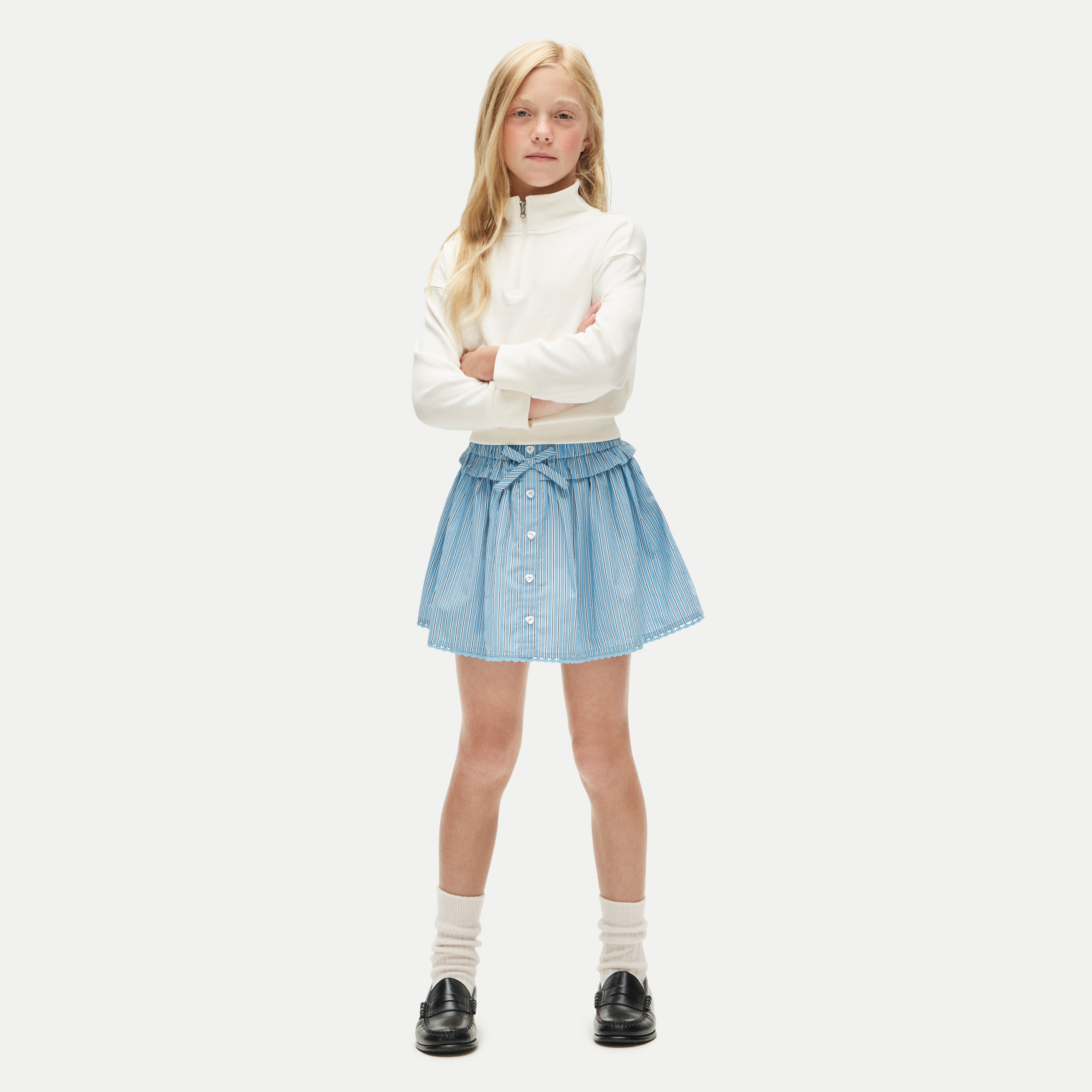 Girls' heart-button skirt in striped cotton poplin