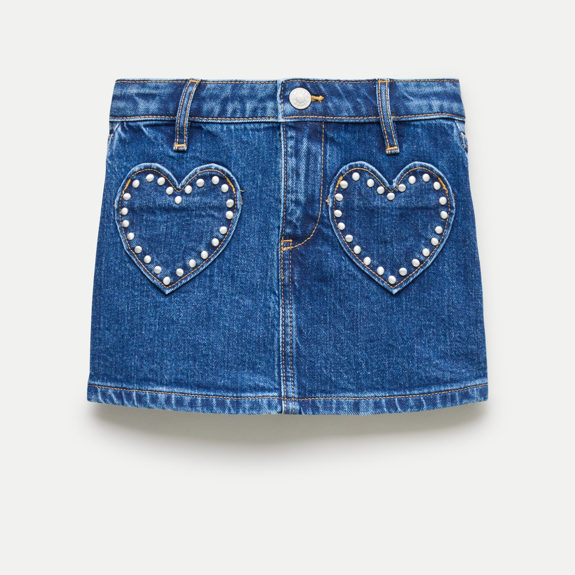 Girls' embellished heart-pocket denim skirt