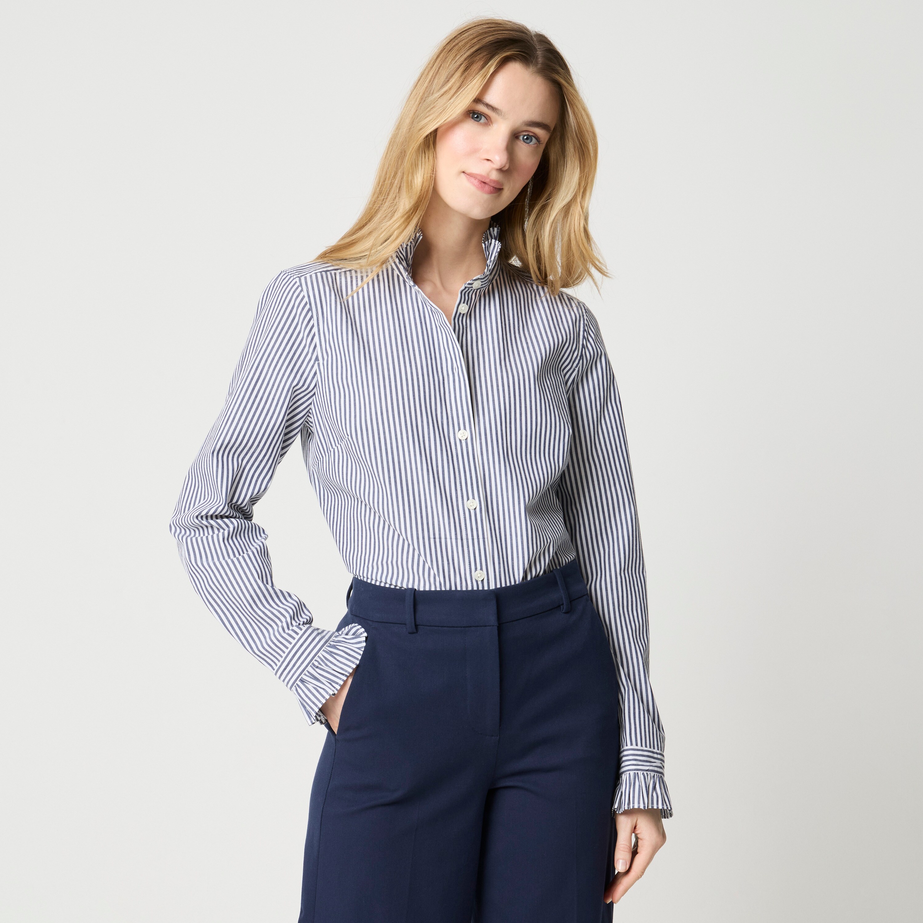 Striped ruffle button-up shirt