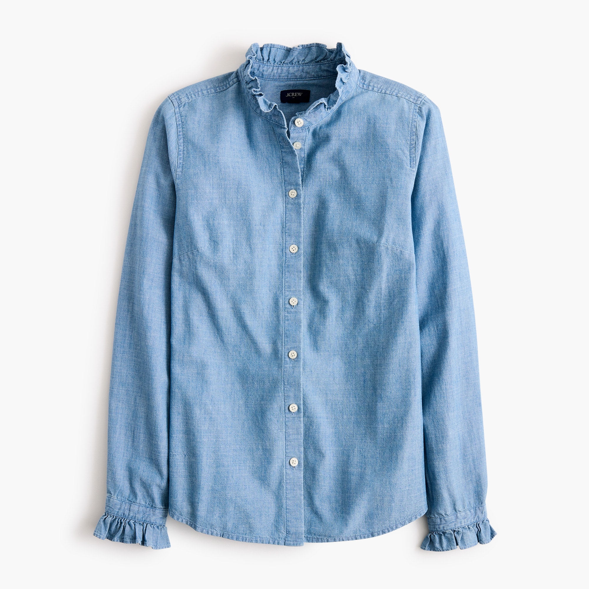 100% cotton chambray ruffle button-up shirt