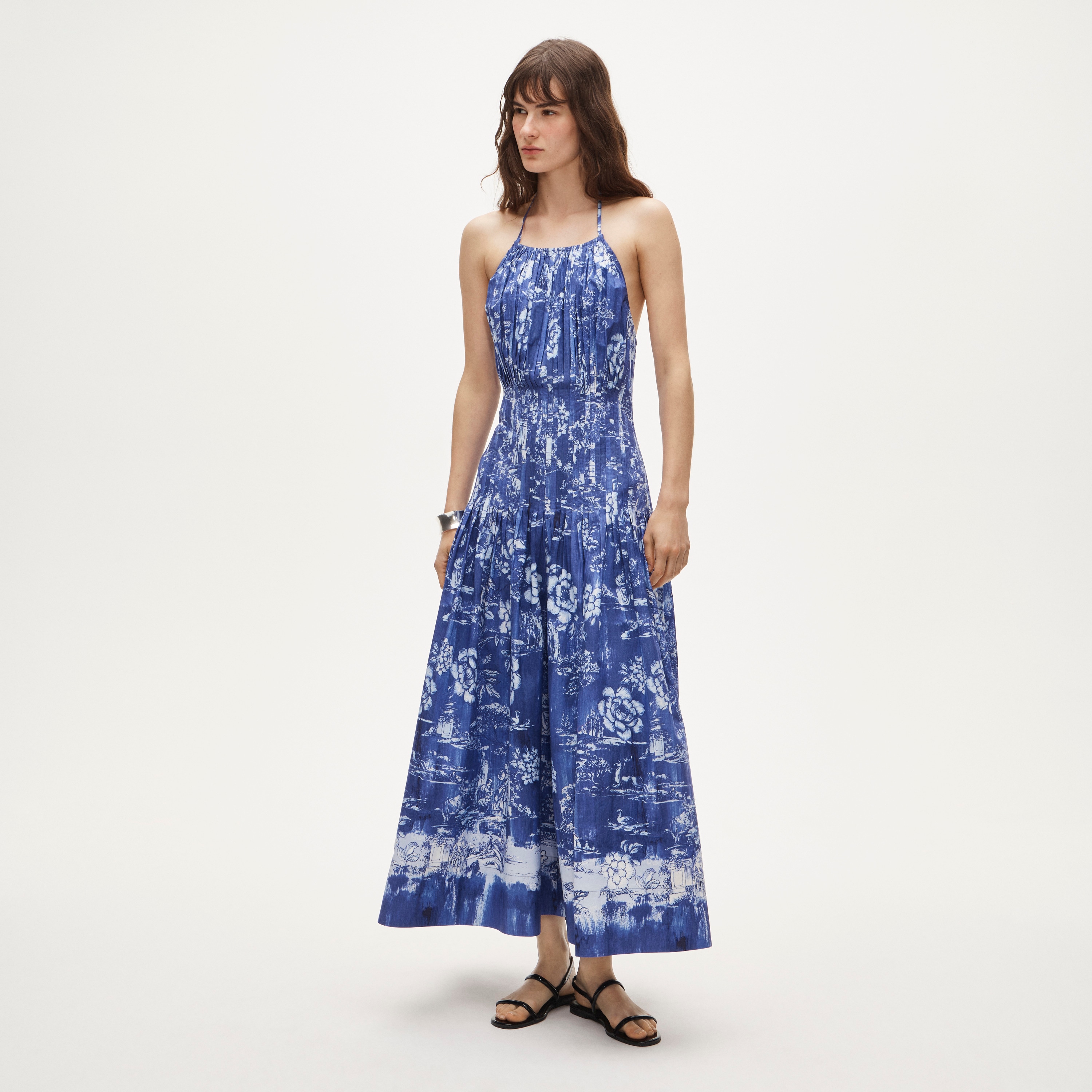 Open-back halter dress in cotton poplin